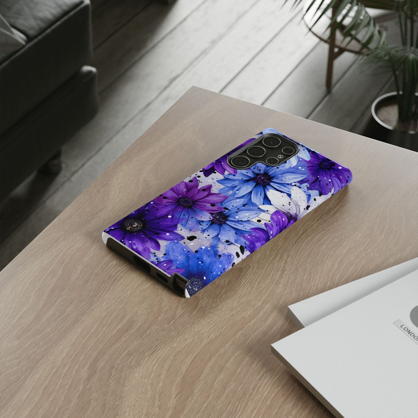 Blue & Purple Floral Splash Mobile Cover – Elegant Artistic Flowers