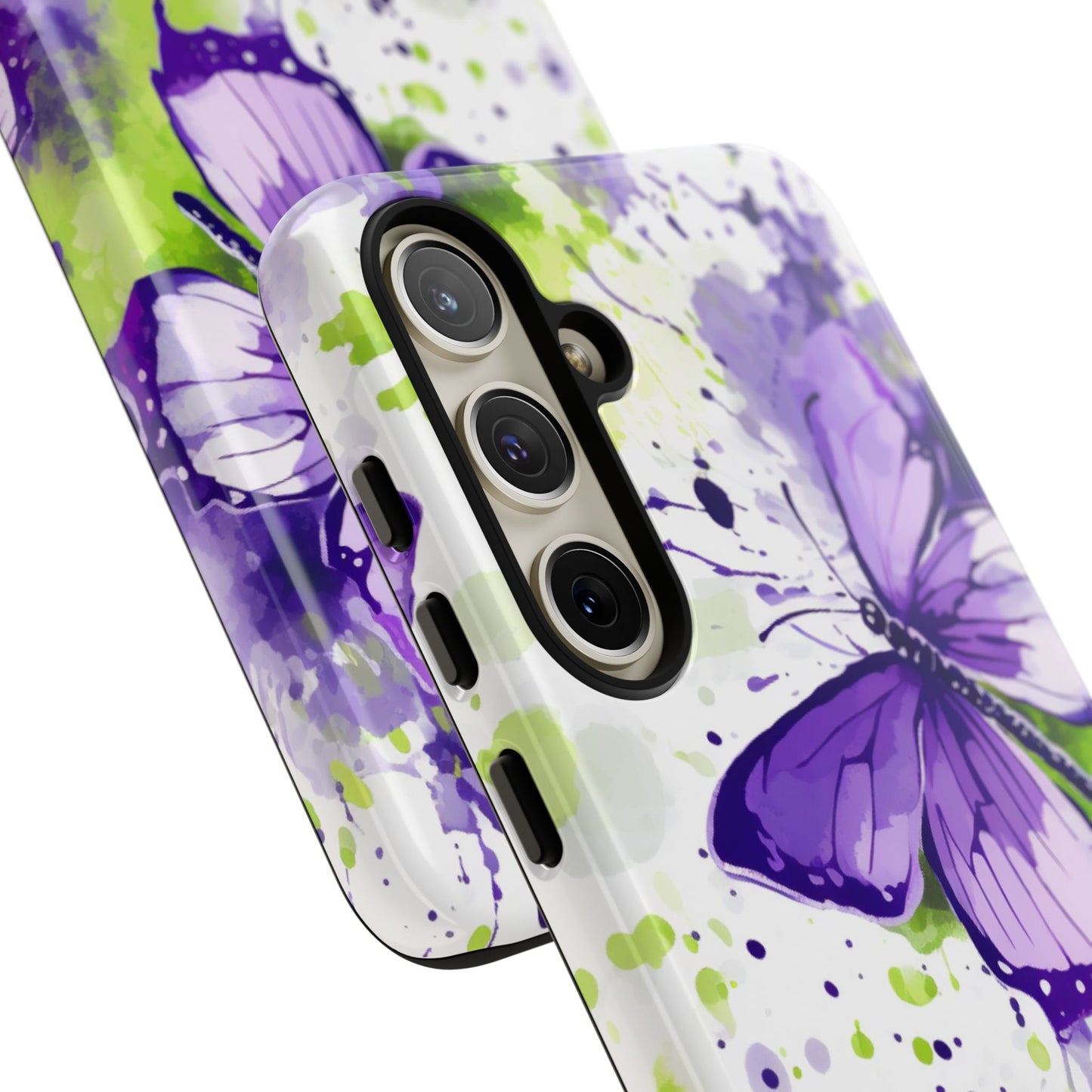 Vibrant Purple Butterfly Splash Mobile Cover – Artistic Green & Violet Aesthetic