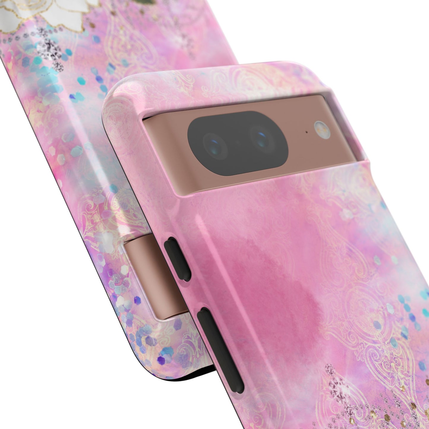 Luxury Pink & White Rose Glitter Mobile Case – Elegant & Shimmering Design