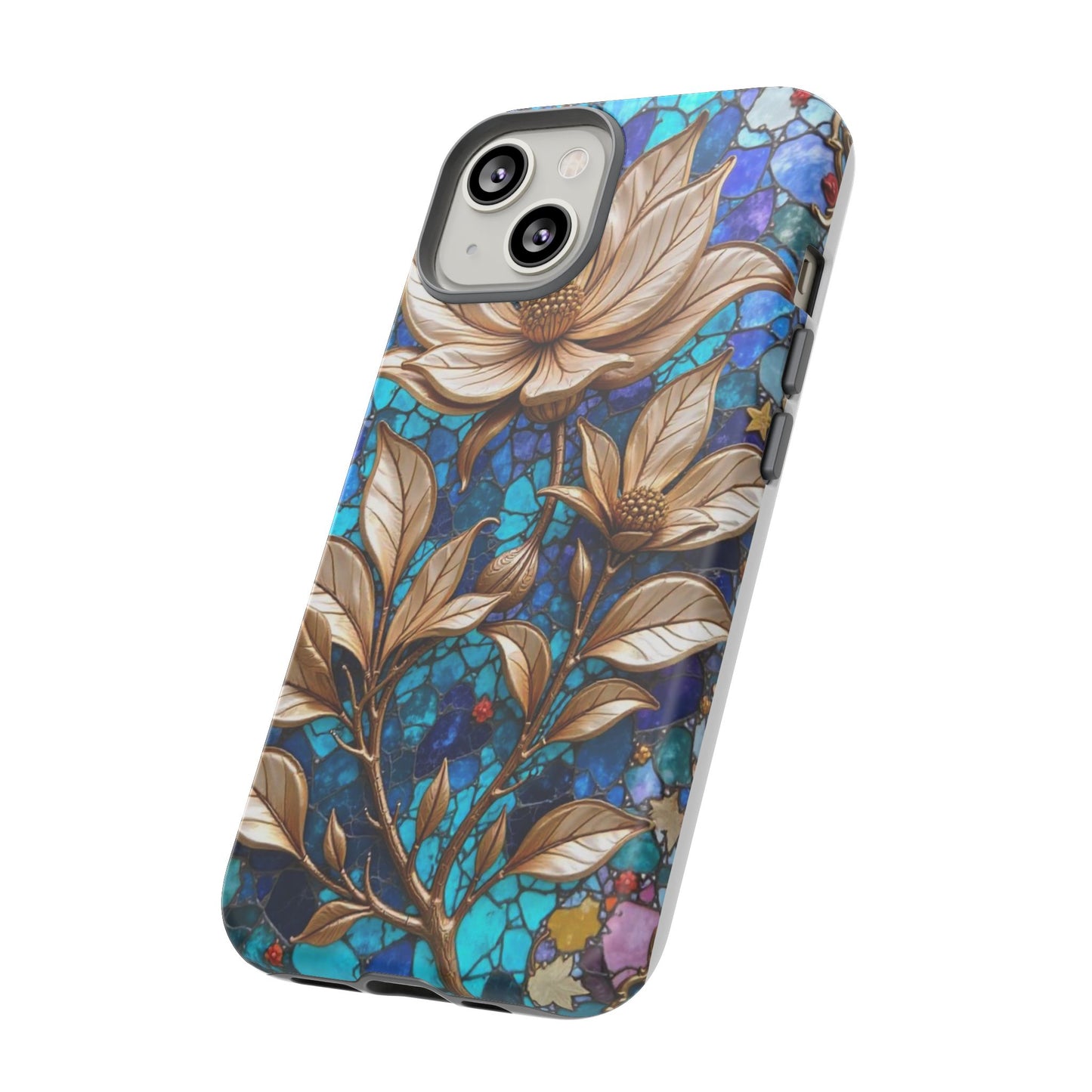 Golden Blossoms on Mosaic Blue Elegance