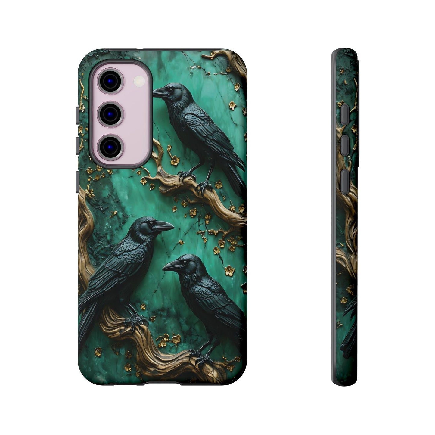 Three Black Ravens Perched On Gold-Accent Branches phone case design