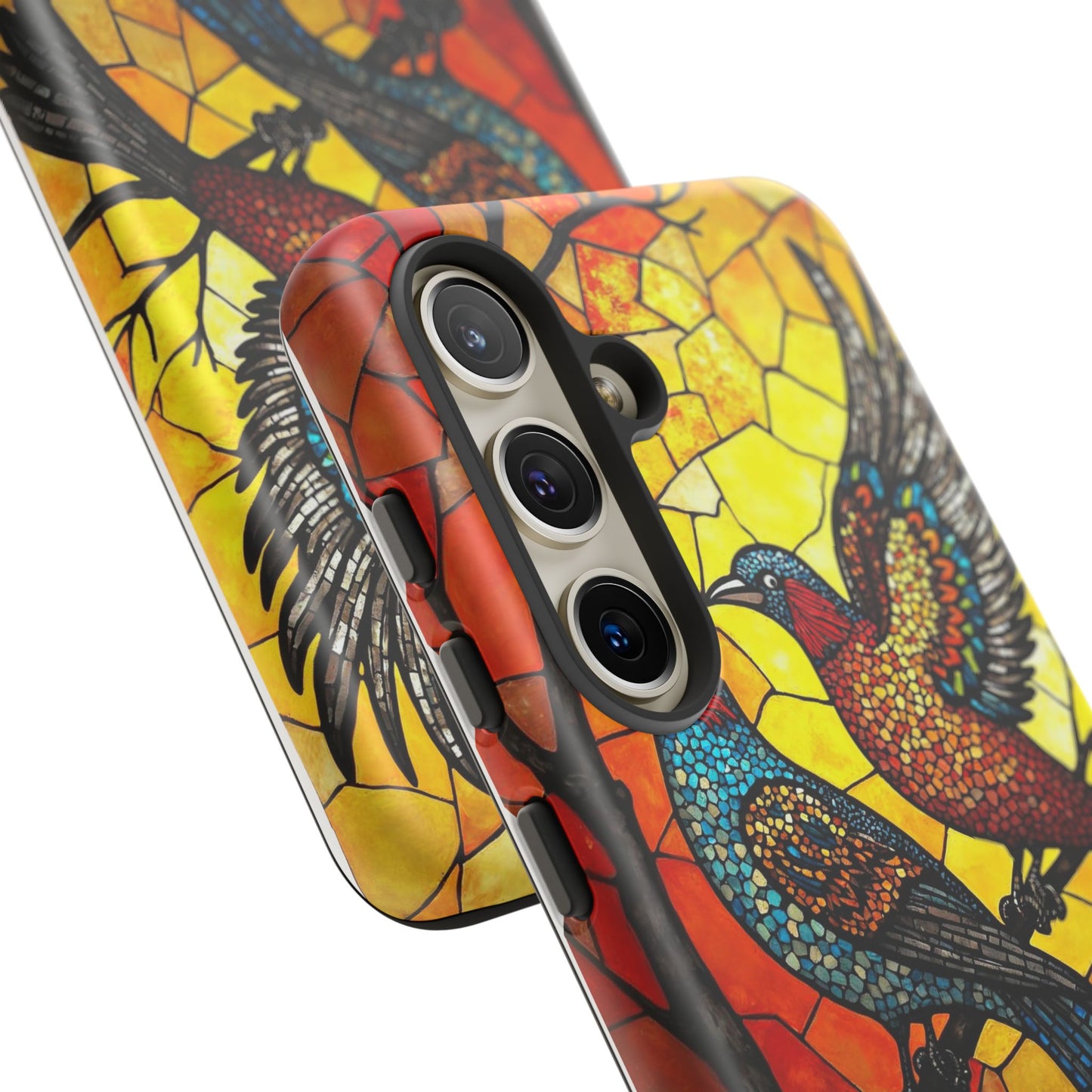 Vibrant Hummingbirds with Stained Glass Charm