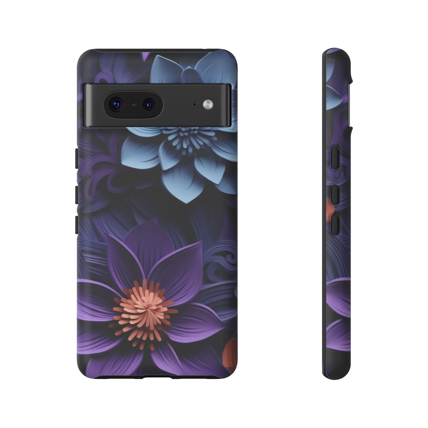 3D Floral Elegance Mobile Case – Midnight Blue & Purple Bloom
