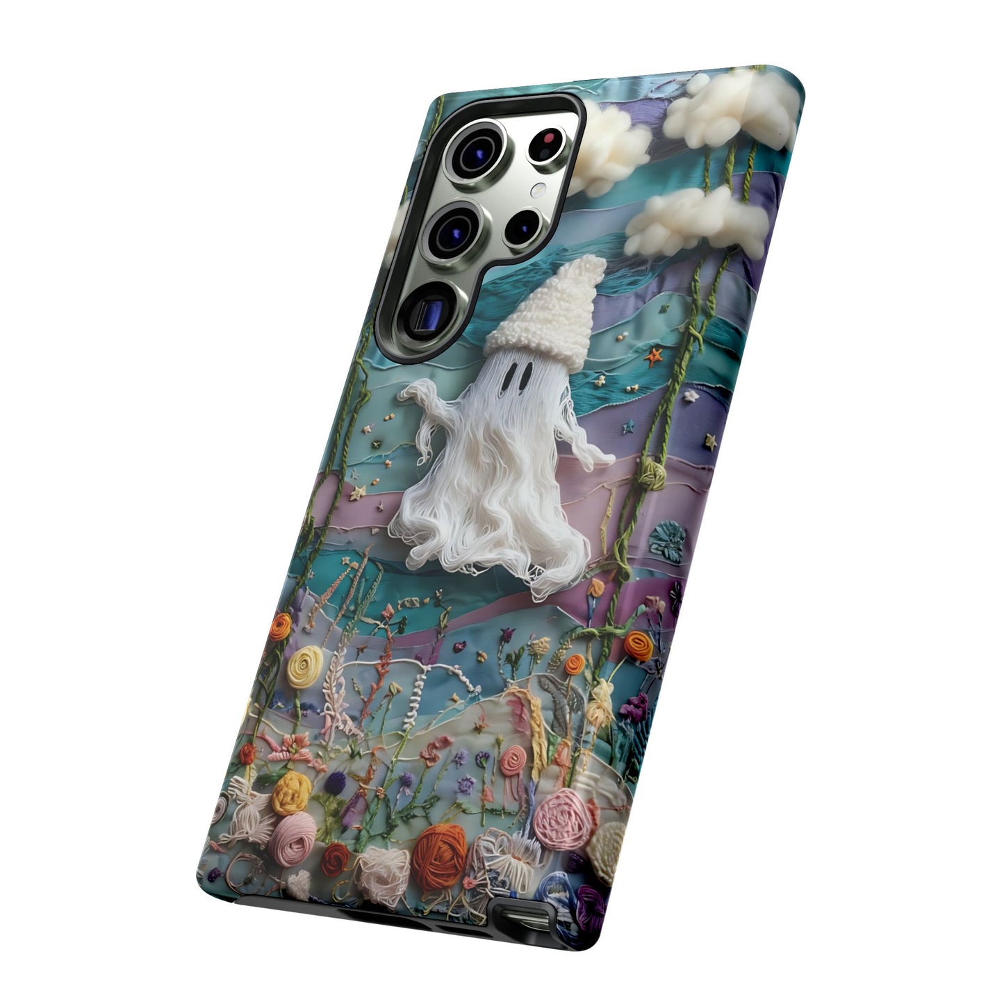 Whimsical Ghost Surrounded By Vibrant Embroidered Flowers phone case design.