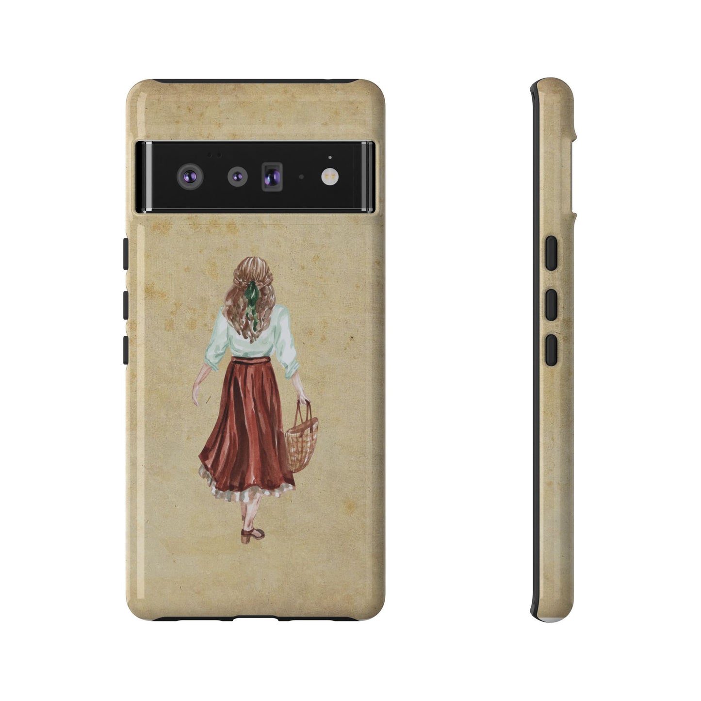 Minimal Vintage Girl with Bag Phone Case – Aesthetic Beige Design for iPhone, Samsung & Google Pixel