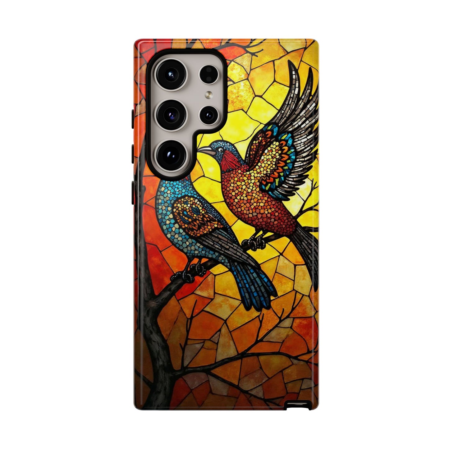 Vibrant Hummingbirds with Stained Glass Charm