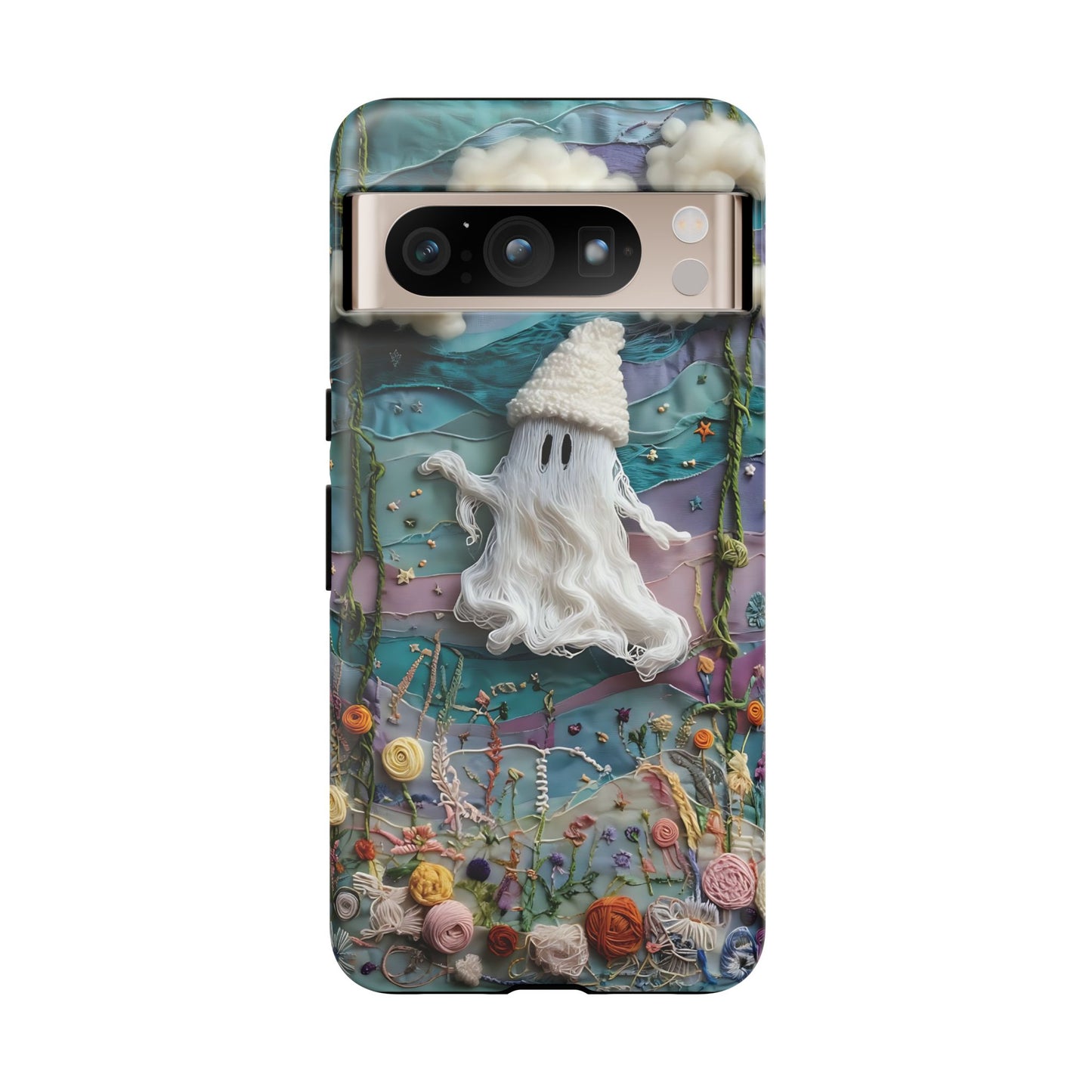 Whimsical Ghost Surrounded By Vibrant Embroidered Flowers phone case design.