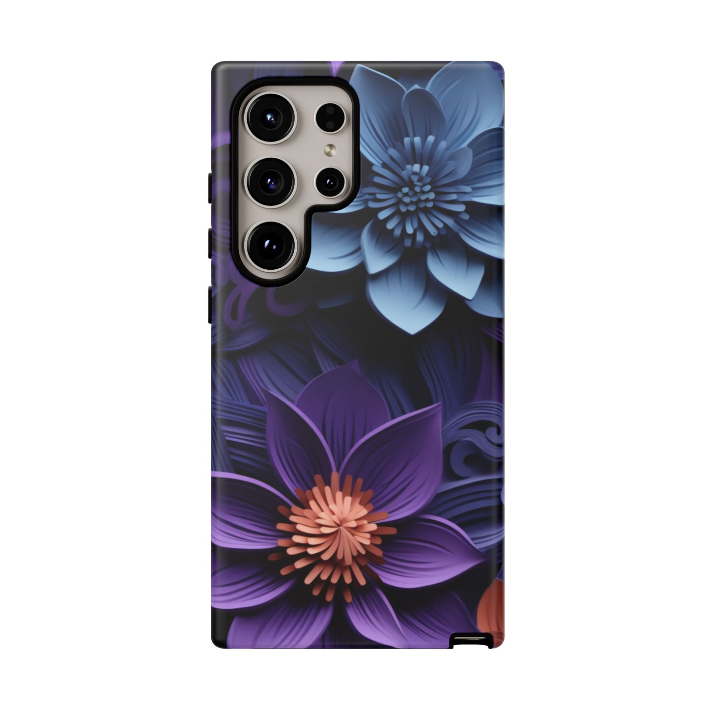 3D Floral Elegance Mobile Case – Midnight Blue & Purple Bloom