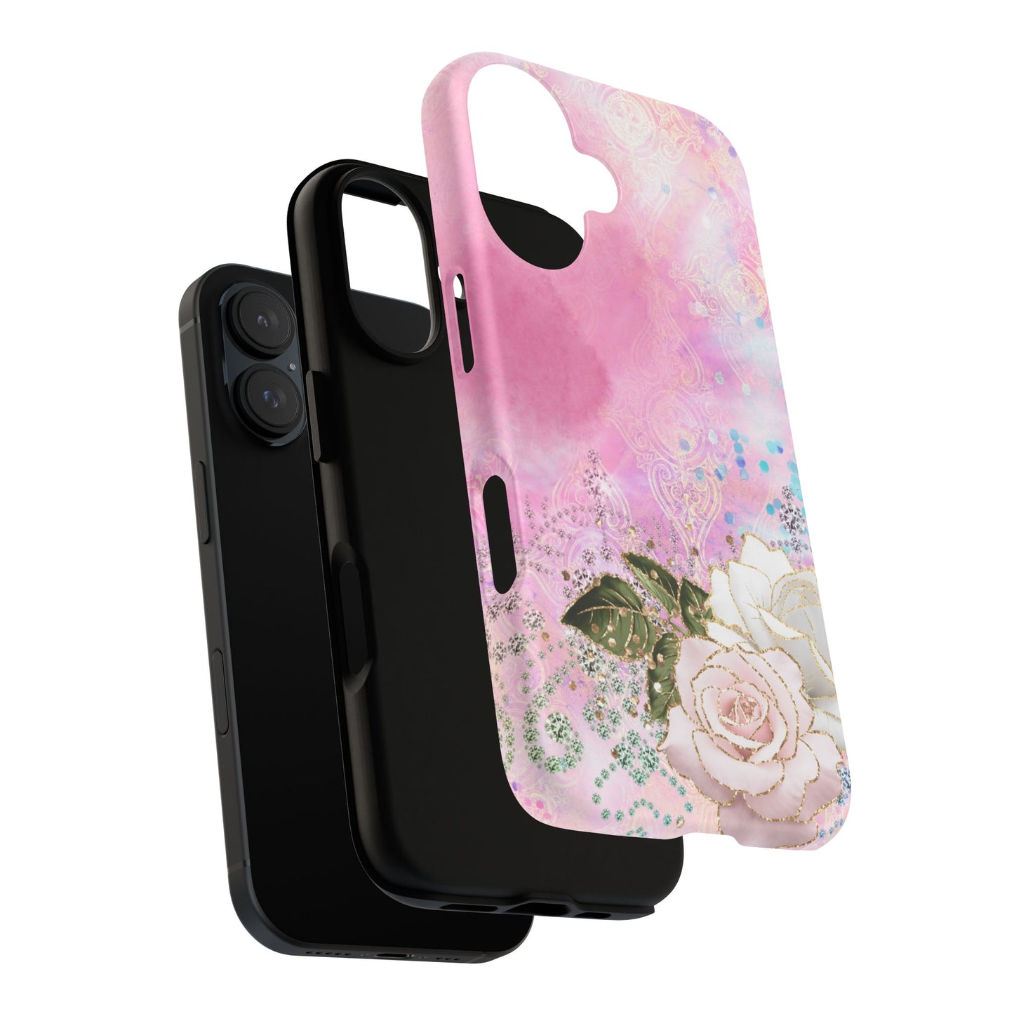 Luxury Pink & White Rose Glitter Mobile Case – Elegant & Shimmering Design