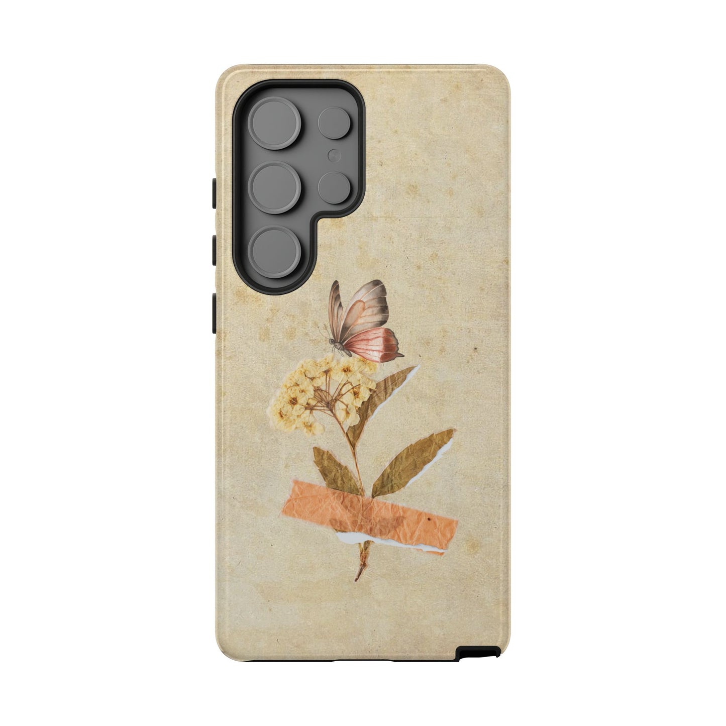 Minimal Vintage Floral Phone Case – Yellow Flower & Butterfly on Beige | For iPhone, Samsung & Google Pixel