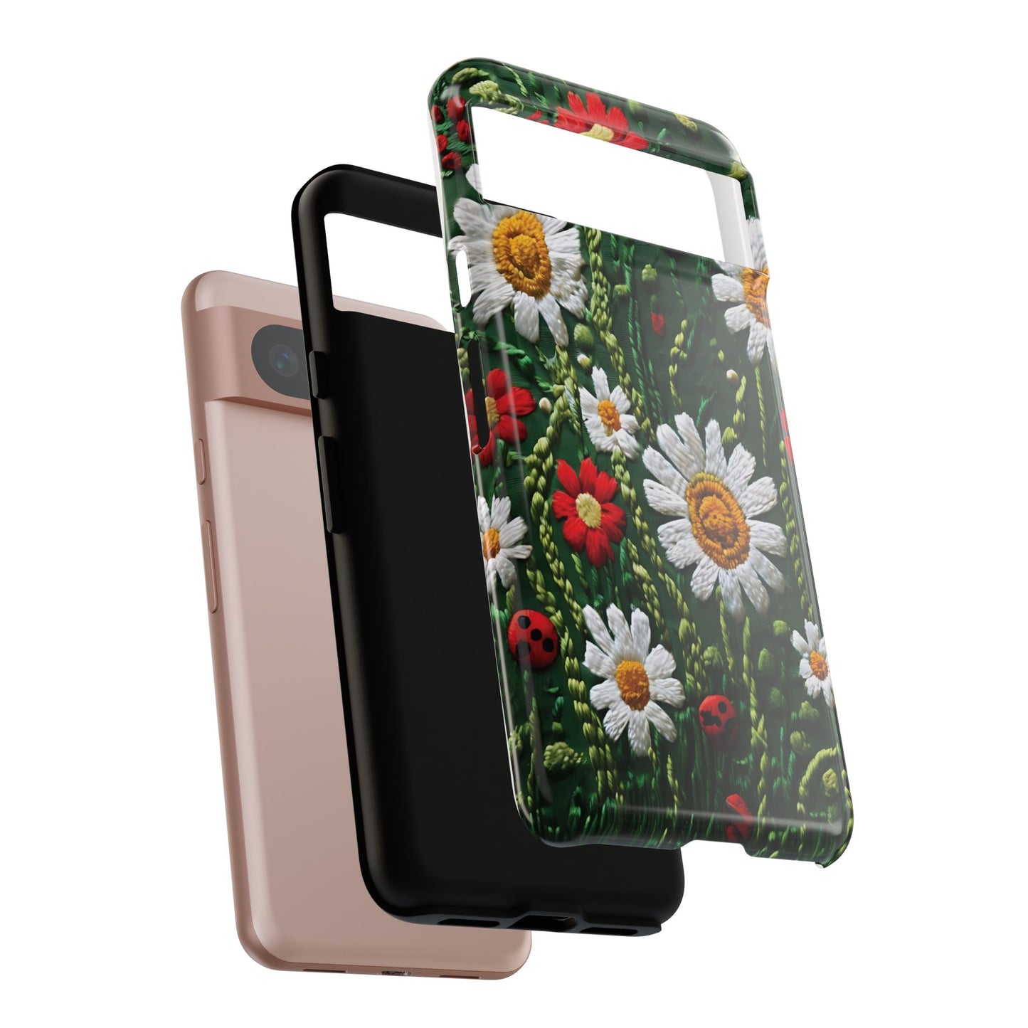 Intricate Embroidered Fabric Featuring Daisies And Ladybugs phone case design
