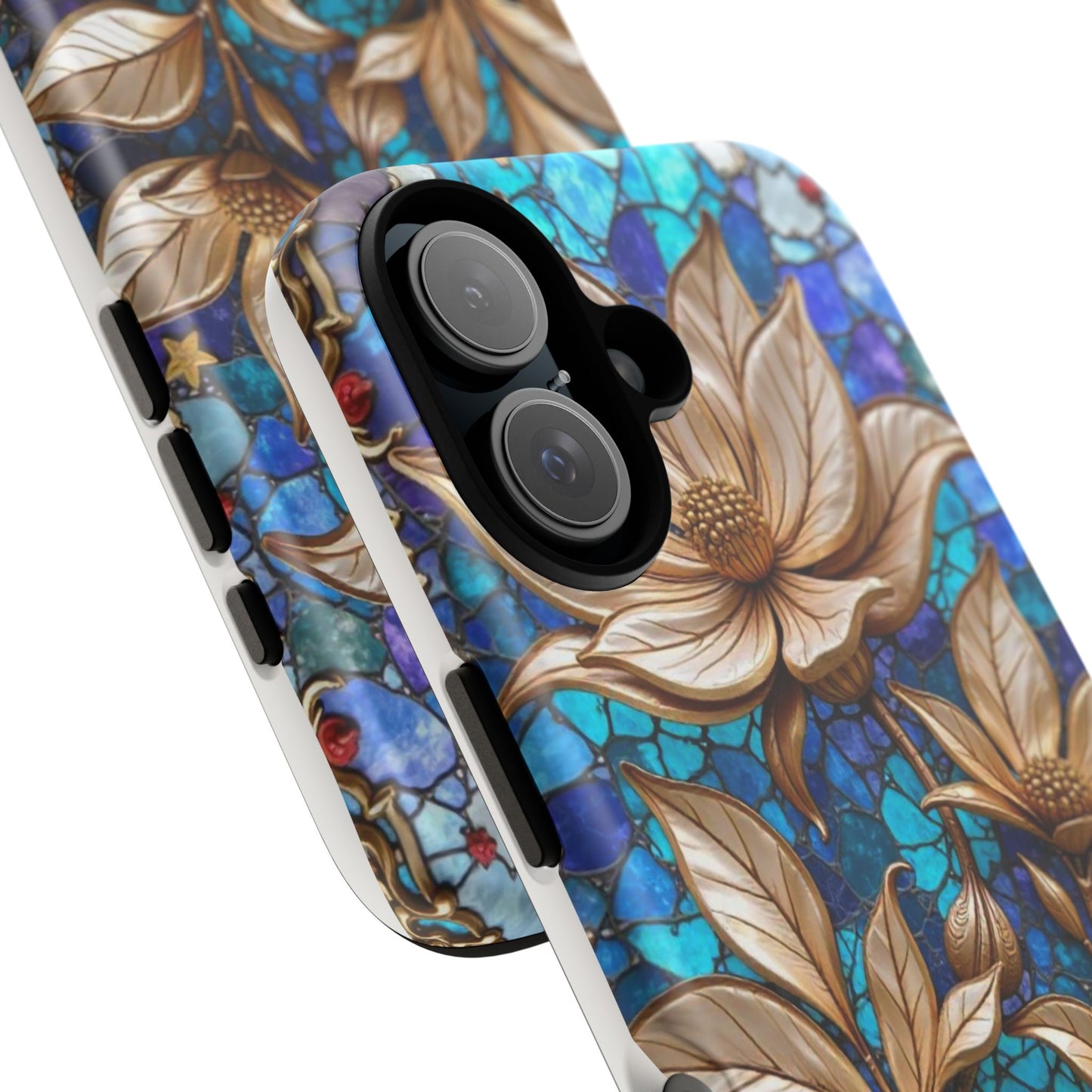 Golden Blossoms on Mosaic Blue Elegance