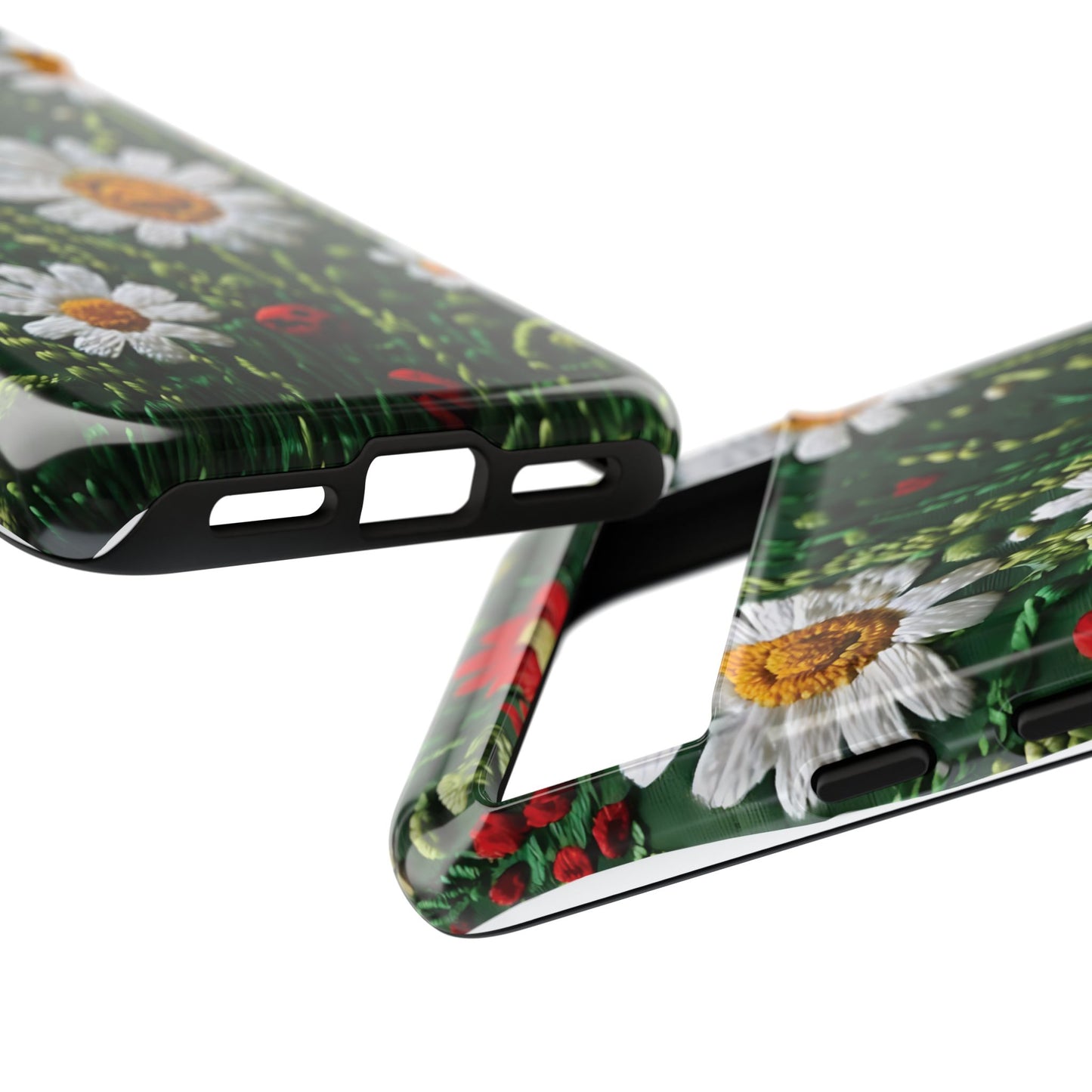 Intricate Embroidered Fabric Featuring Daisies And Ladybugs phone case design