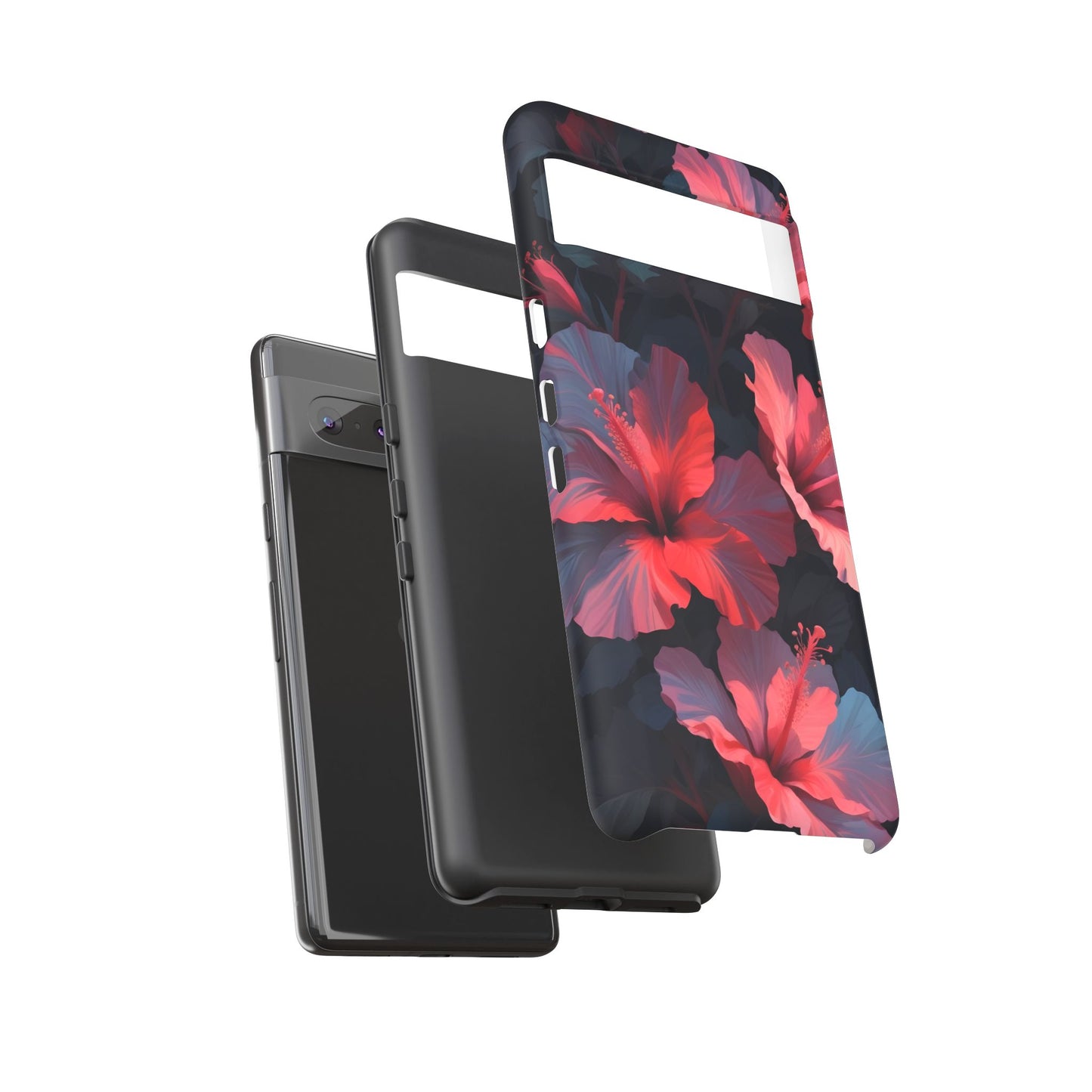 Vibrant red and pink hibiscus flowers blooming against a dark background| Floral phone case design