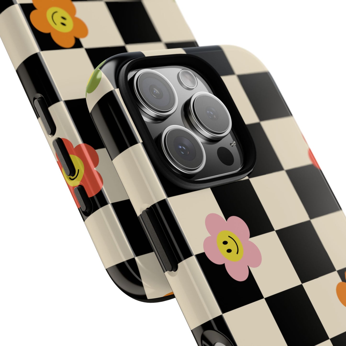 Retro Floral Phone Case – Vintage Flowers on Black & Beige Tiles, Chess Phone Case | For iPhone, Samsung & Google Pixel