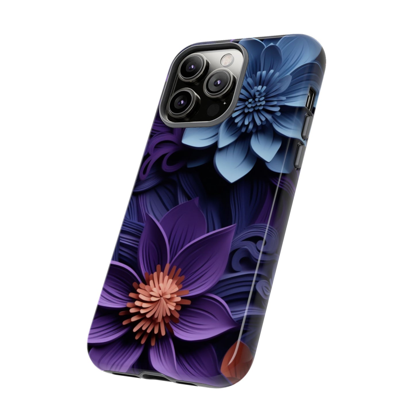 3D Floral Elegance Mobile Case – Midnight Blue & Purple Bloom