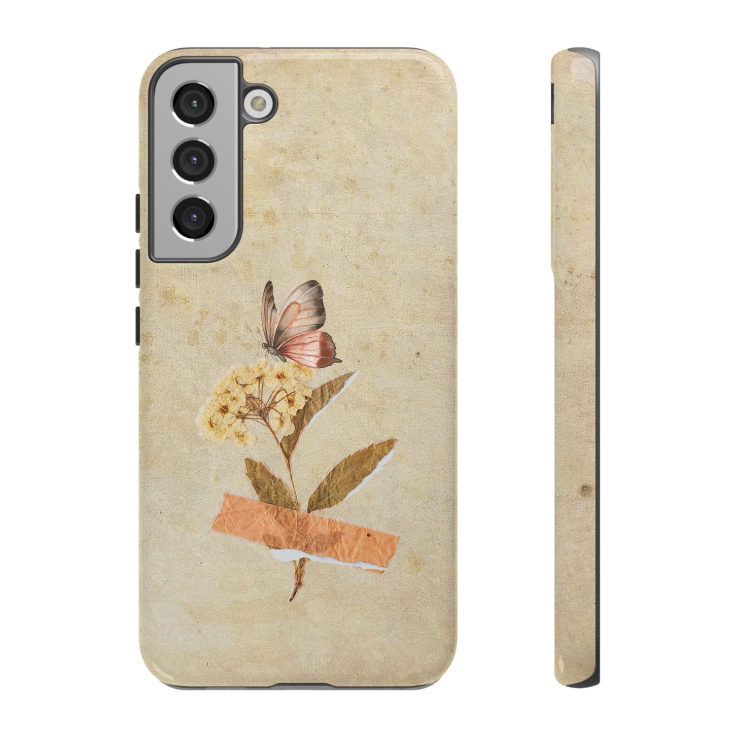 Minimal Vintage Floral Phone Case – Yellow Flower & Butterfly on Beige | For iPhone, Samsung & Google Pixel