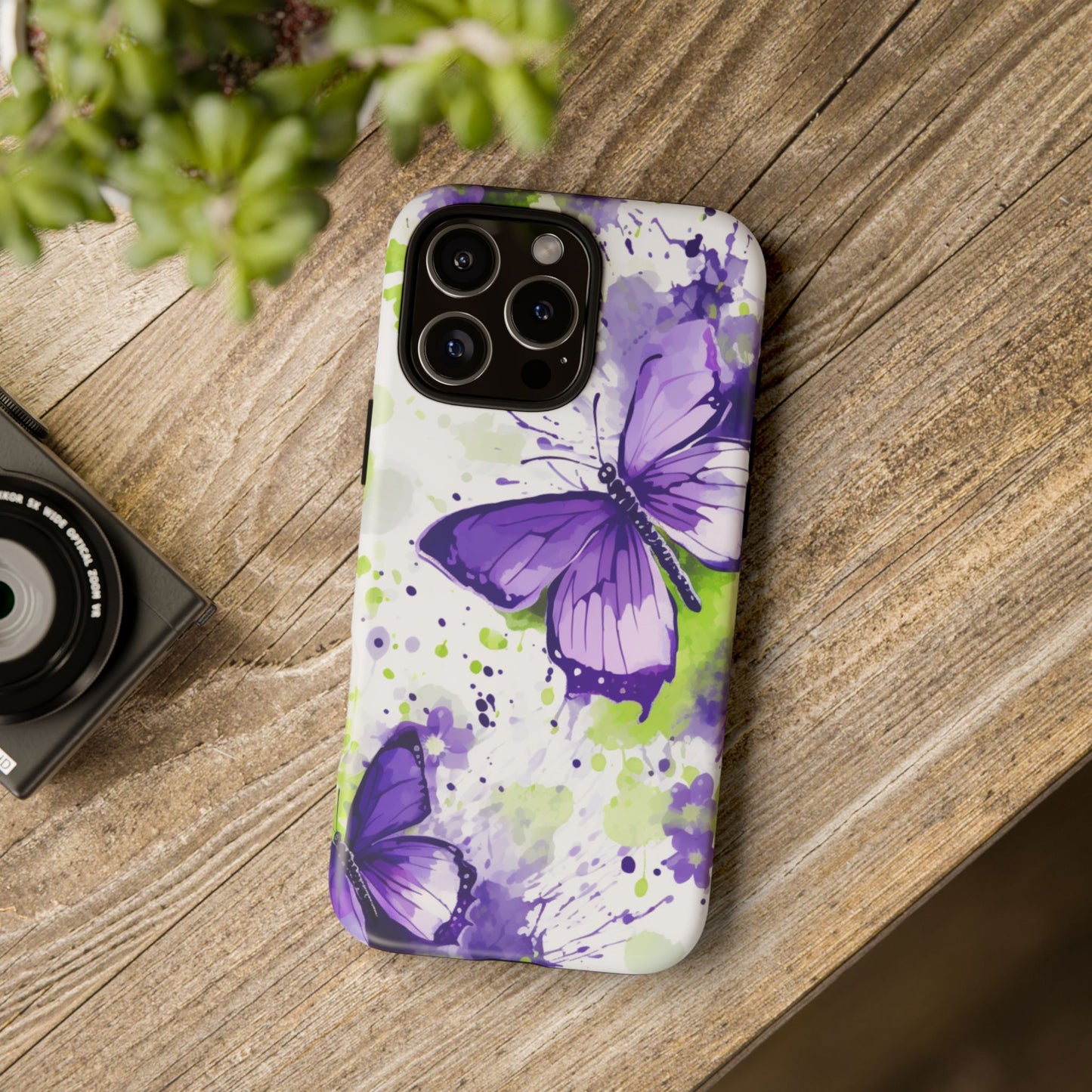 Vibrant Purple Butterfly Splash Mobile Cover – Artistic Green & Violet Aesthetic