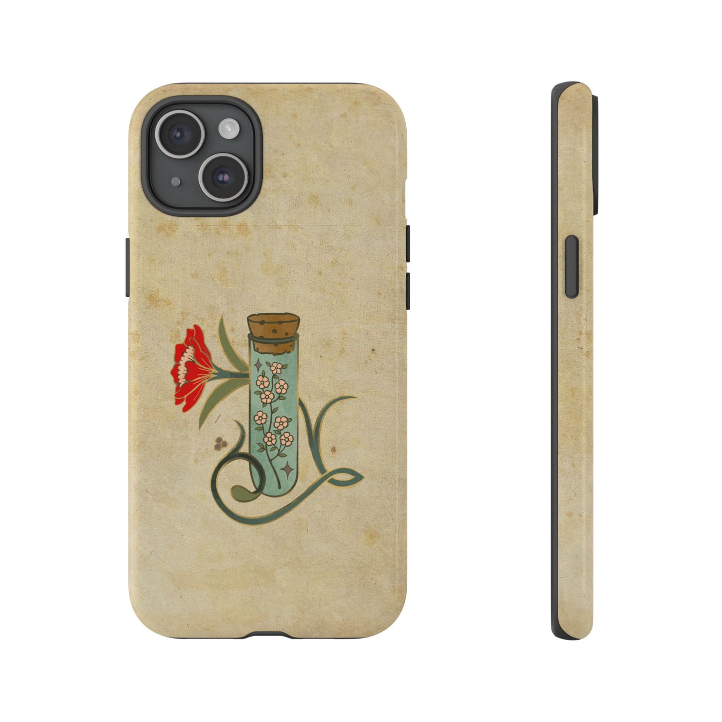 Vintage Floral Glass Tube Phone Case – Minimal Aesthetic, Beige Background (iPhone, Samsung, Pixel)