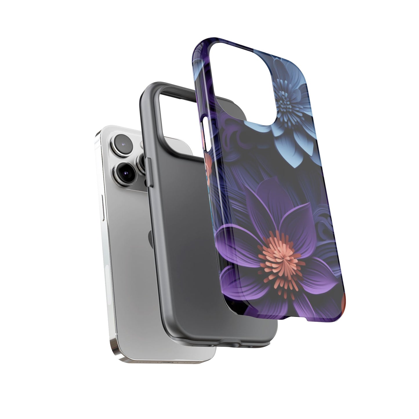 3D Floral Elegance Mobile Case – Midnight Blue & Purple Bloom