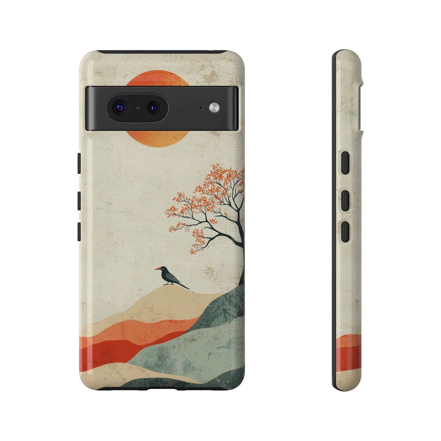 Crimson Solitude: A Minimalist Landscape Phone Case for iPhone, Samsung & Pixel