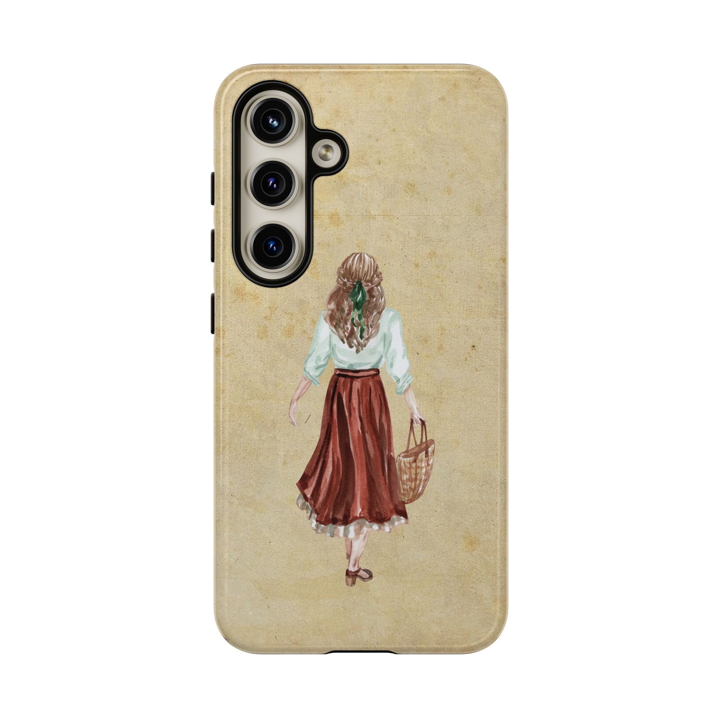 Minimal Vintage Girl with Bag Phone Case – Aesthetic Beige Design for iPhone, Samsung & Google Pixel