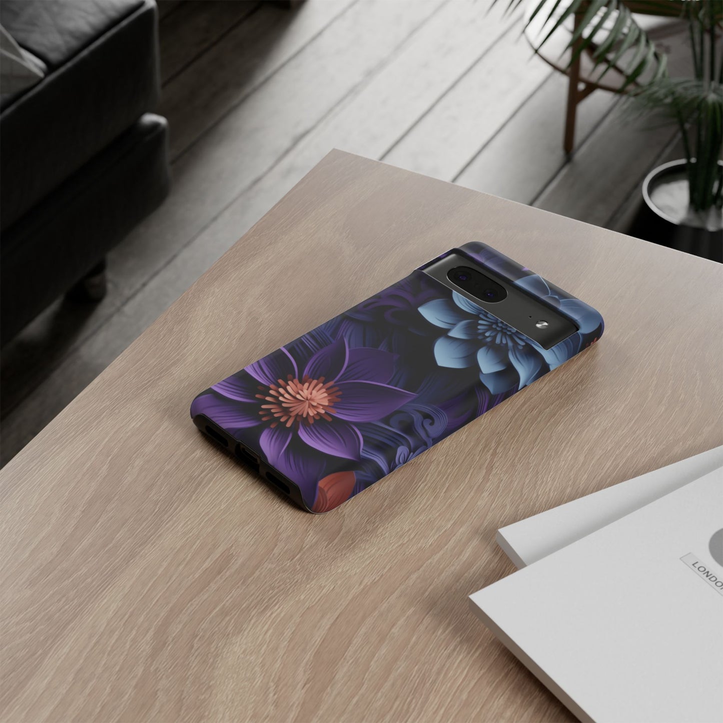 3D Floral Elegance Mobile Case – Midnight Blue & Purple Bloom