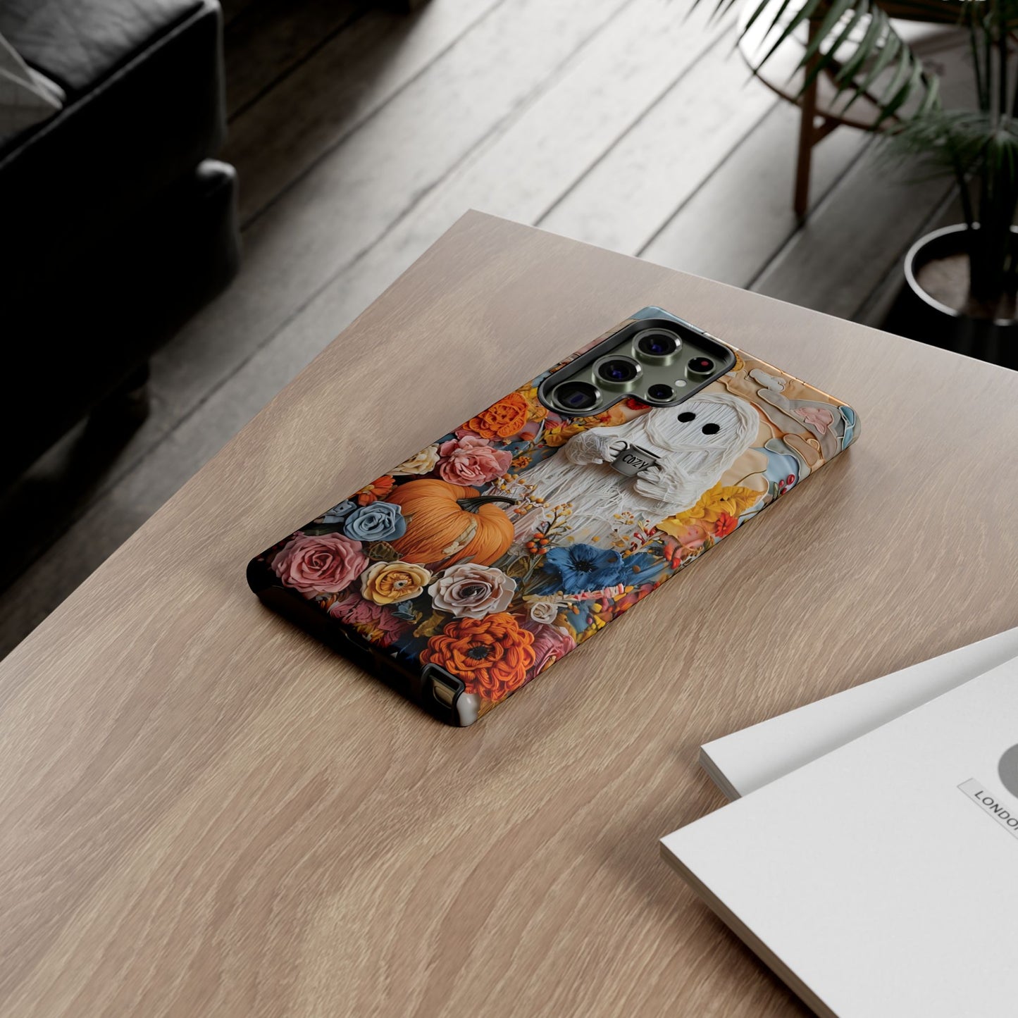 Colorful Whimsical Artwork of Ghost in Autumn Scene phone case design.