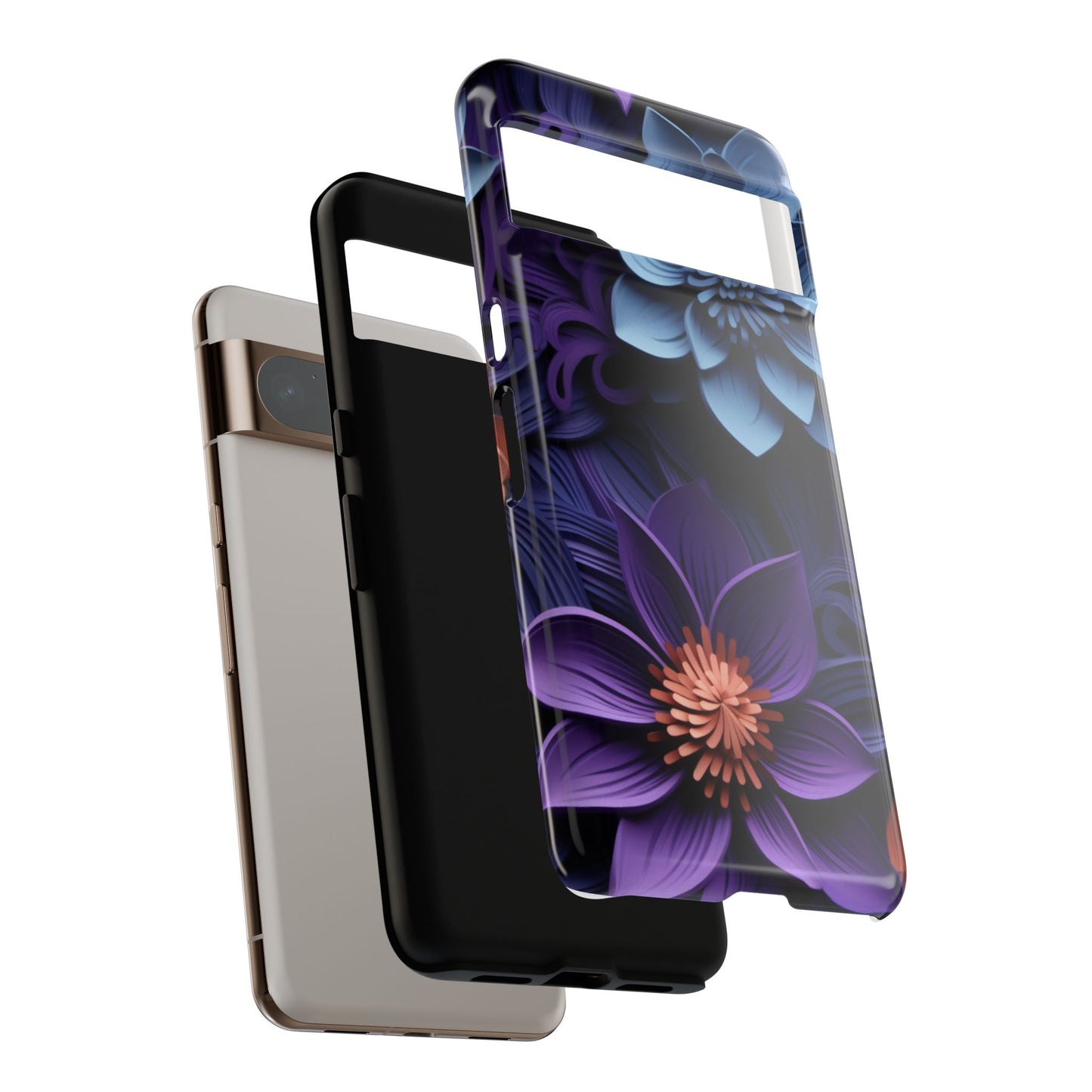 3D Floral Elegance Mobile Case – Midnight Blue & Purple Bloom