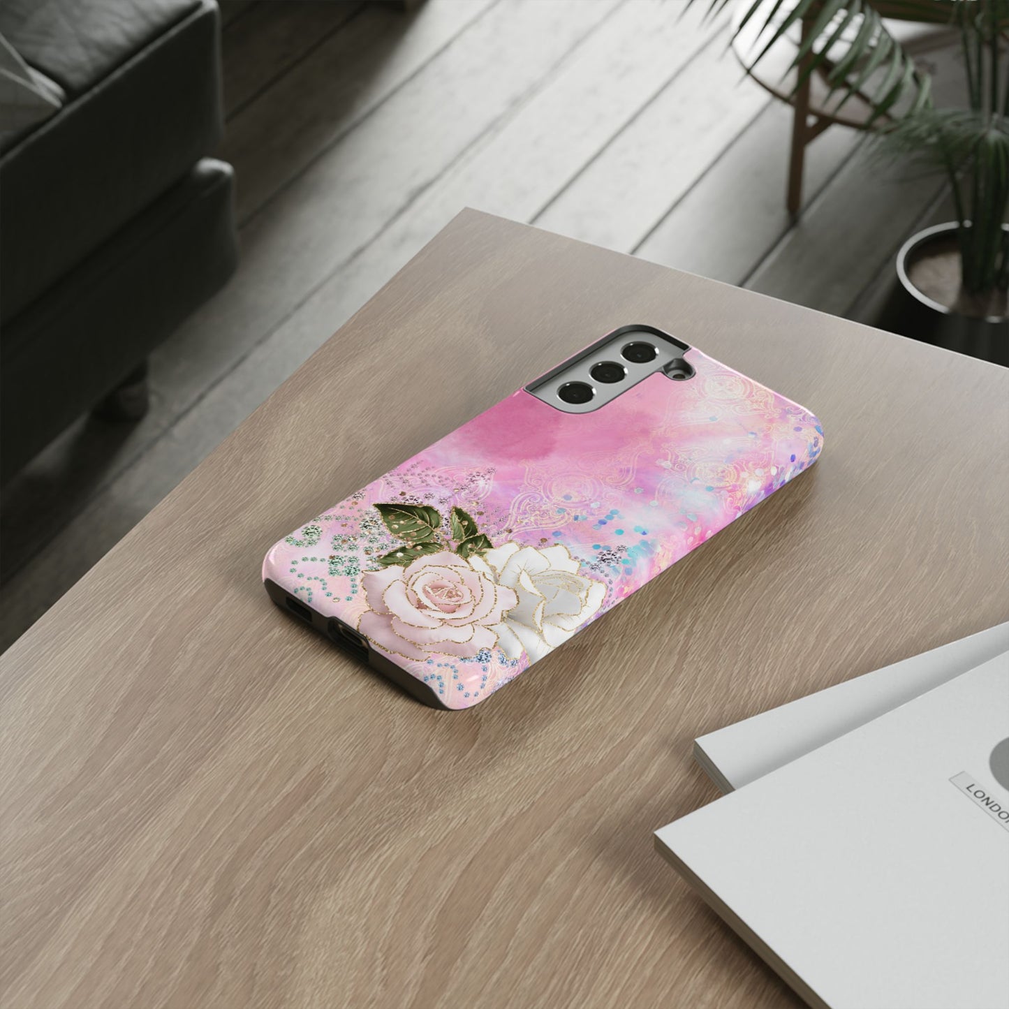 Luxury Pink & White Rose Glitter Mobile Case – Elegant & Shimmering Design