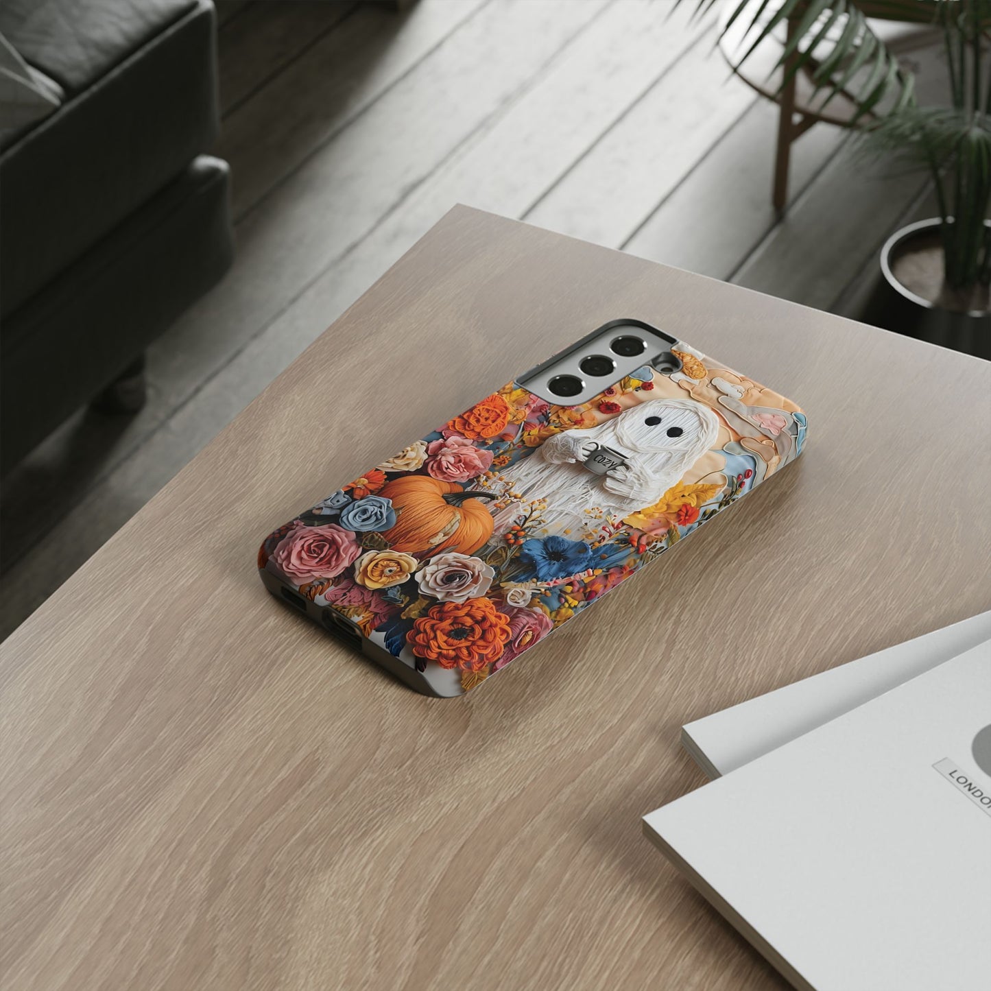 Colorful Whimsical Artwork of Ghost in Autumn Scene phone case design.
