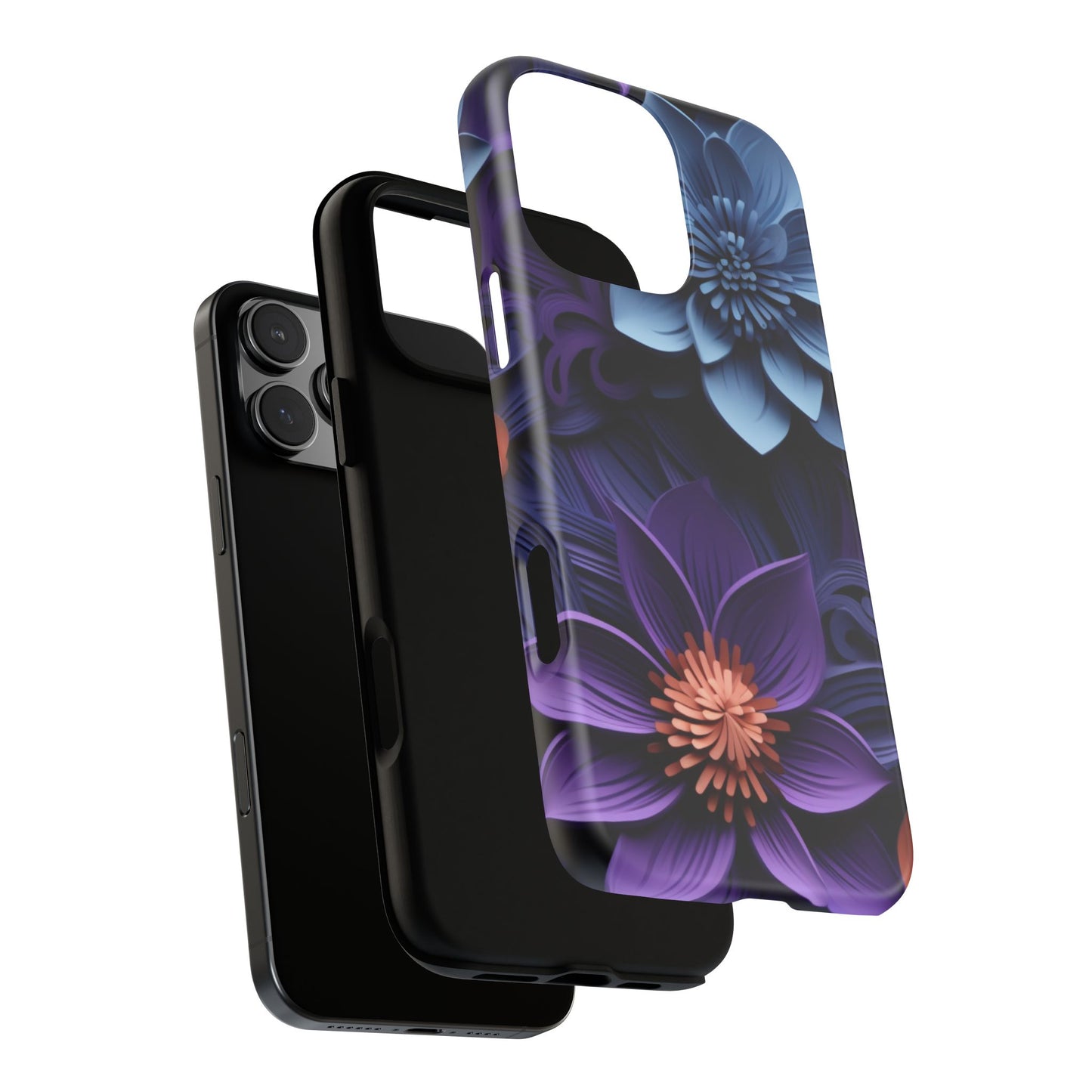 3D Floral Elegance Mobile Case – Midnight Blue & Purple Bloom