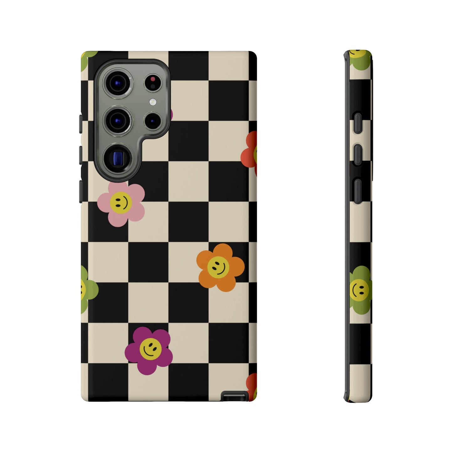 Retro Floral Phone Case – Vintage Flowers on Black & Beige Tiles, Chess Phone Case | For iPhone, Samsung & Google Pixel