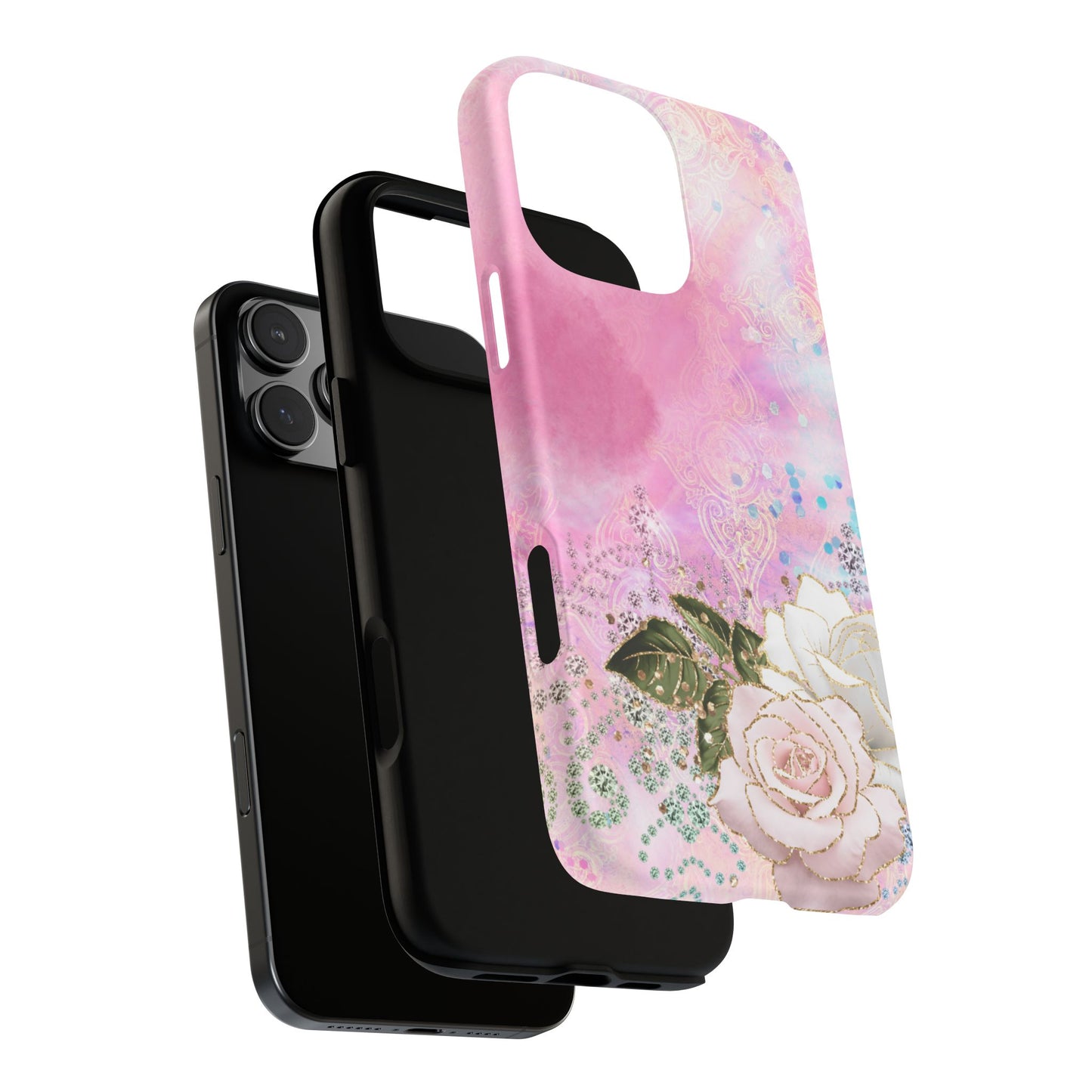 Luxury Pink & White Rose Glitter Mobile Case – Elegant & Shimmering Design