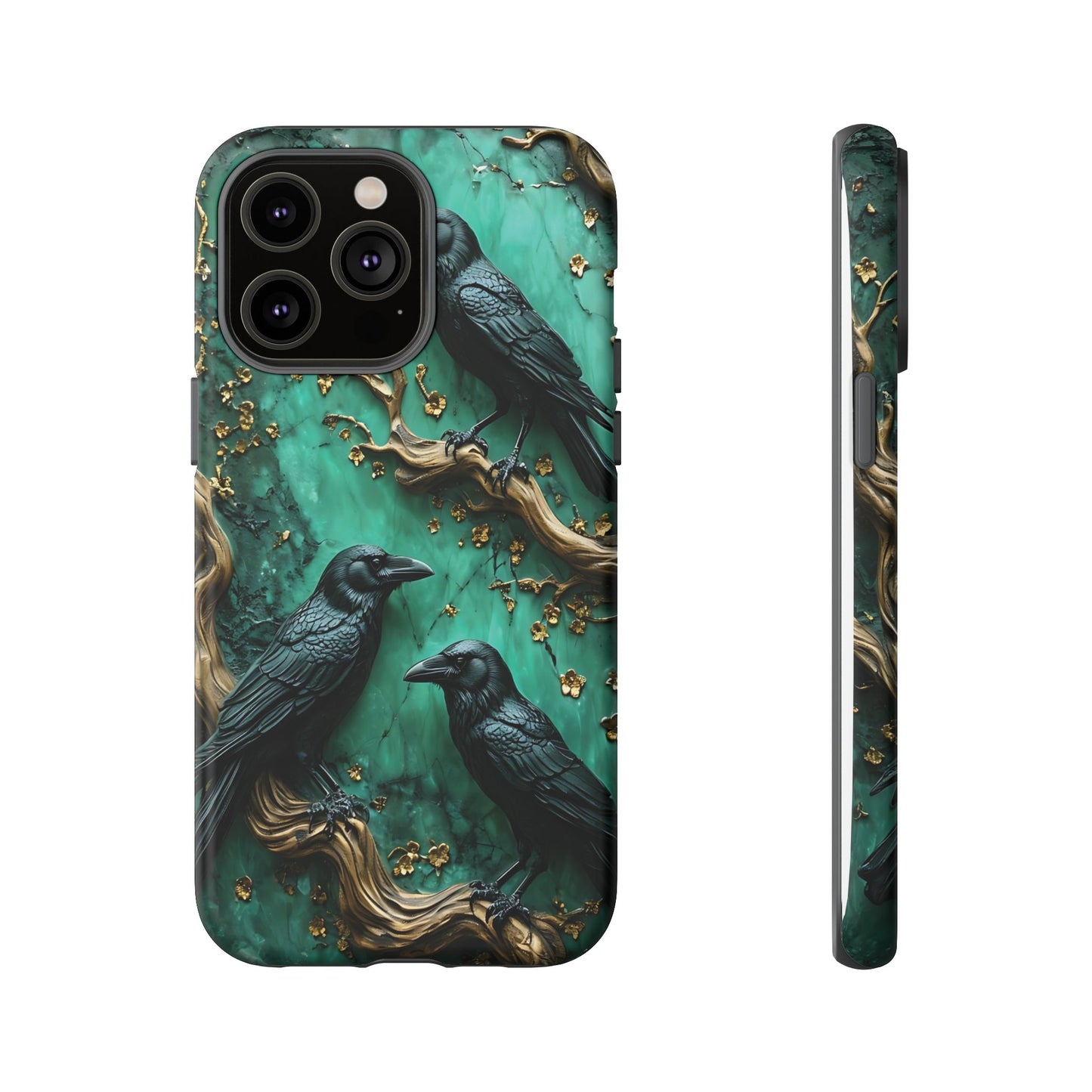 Three Black Ravens Perched On Gold-Accent Branches phone case design