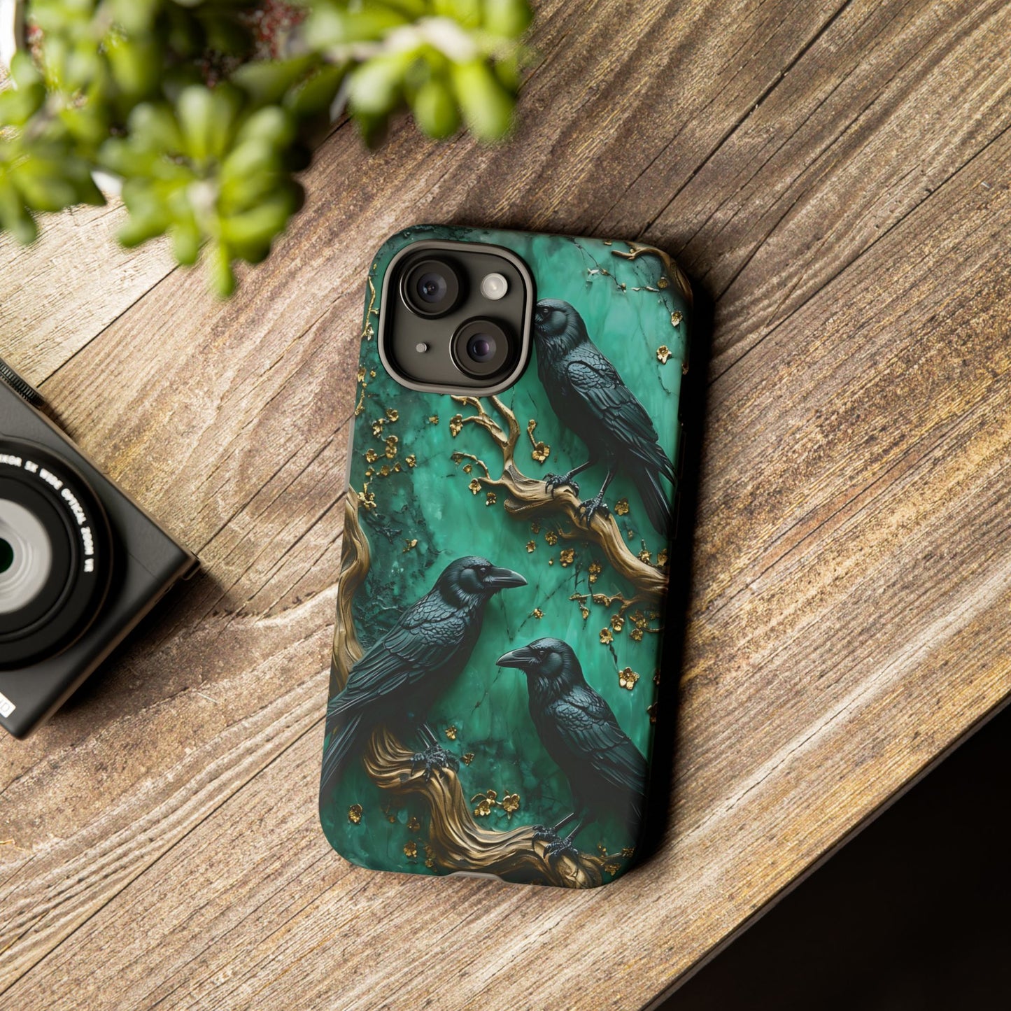 Three Black Ravens Perched On Gold-Accent Branches phone case design