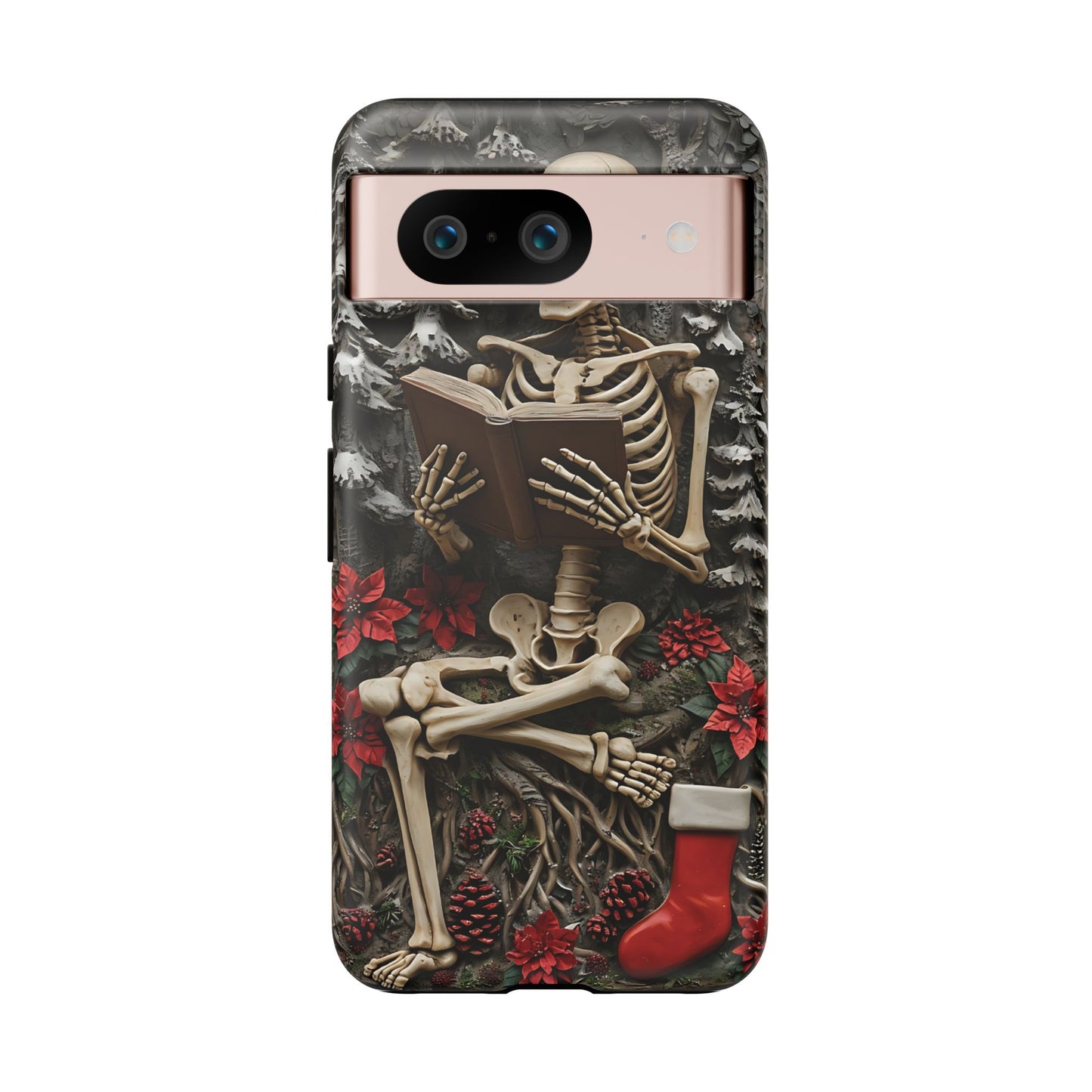 Surreal Relief Sculpture of Skeleton Reading Amidst Festive Decor phone case design