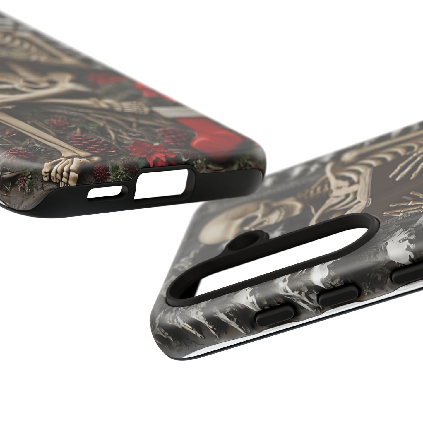 Surreal Relief Sculpture of Skeleton Reading Amidst Festive Decor phone case design