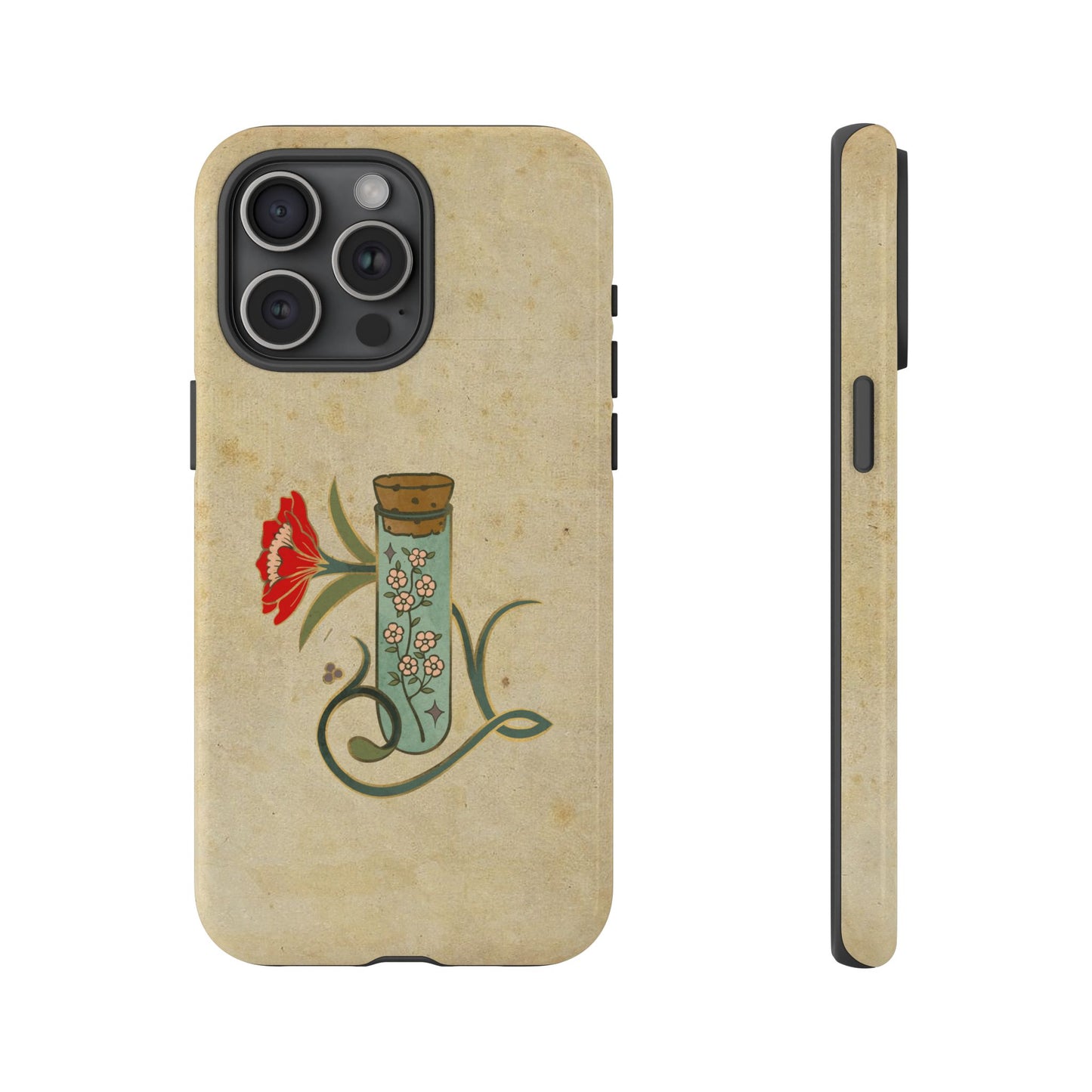 Vintage Floral Glass Tube Phone Case – Minimal Aesthetic, Beige Background (iPhone, Samsung, Pixel)