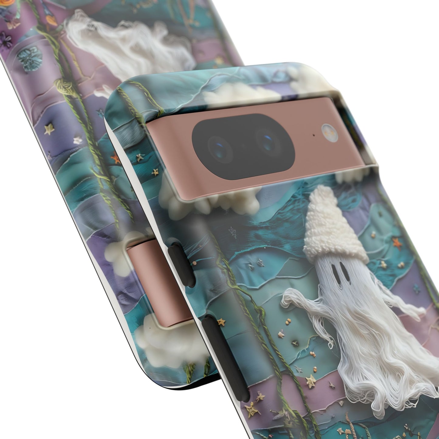 Whimsical Ghost Surrounded By Vibrant Embroidered Flowers phone case design.