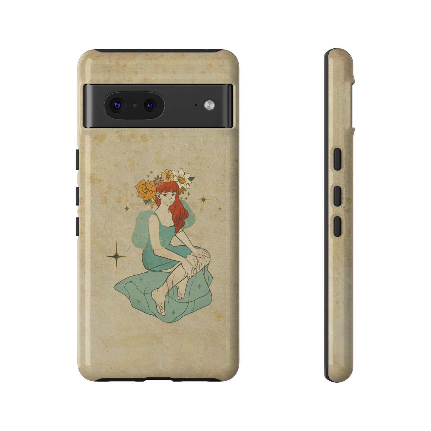 Vintage Aesthetic Phone Case – Cute Girl with Flower Crown | Minimal Beige Cover for iPhone, Samsung & Pixel