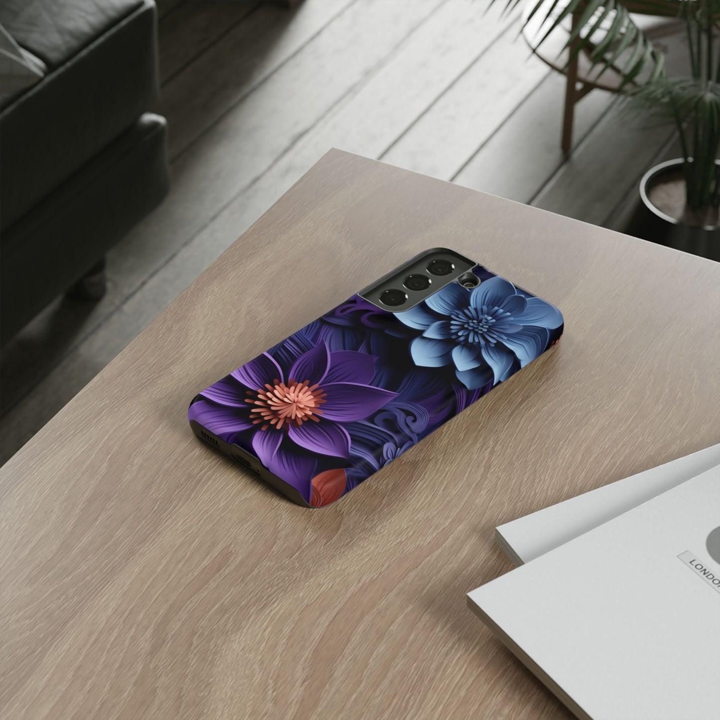 3D Floral Elegance Mobile Case – Midnight Blue & Purple Bloom