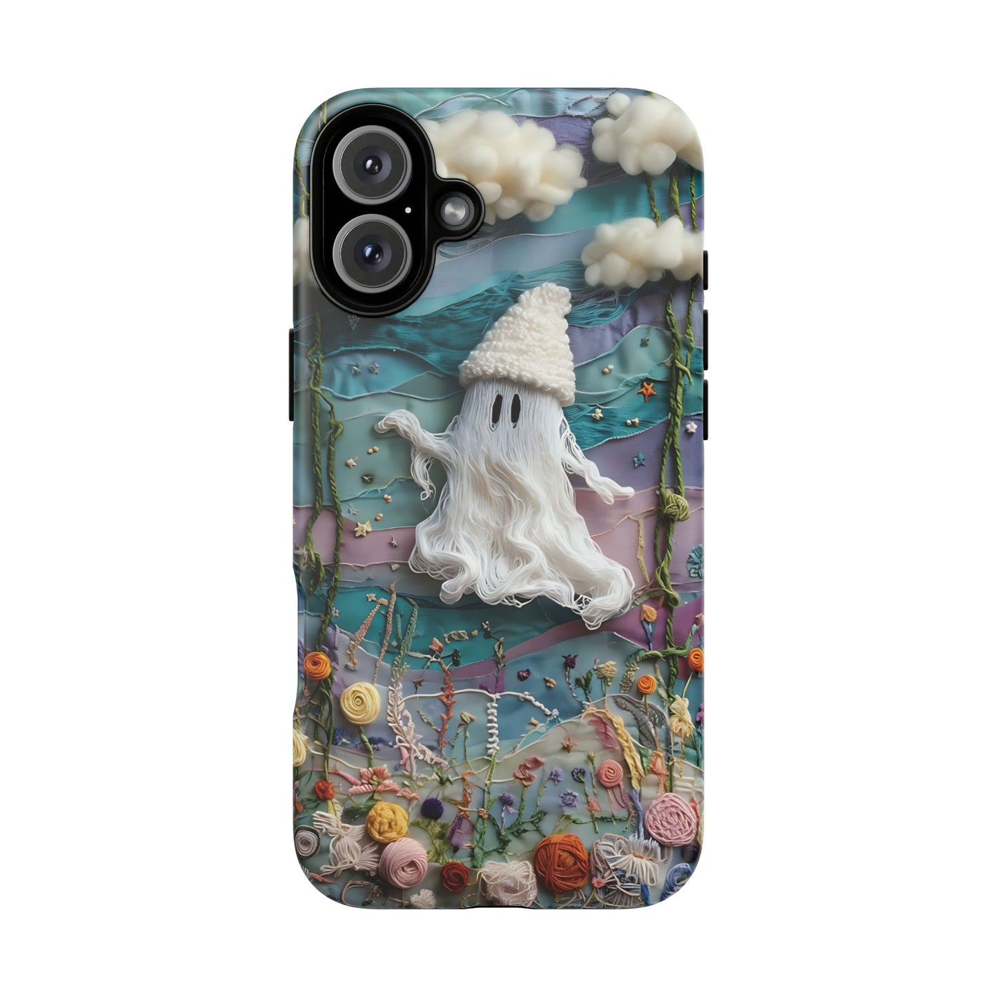 Whimsical Ghost Surrounded By Vibrant Embroidered Flowers phone case design.