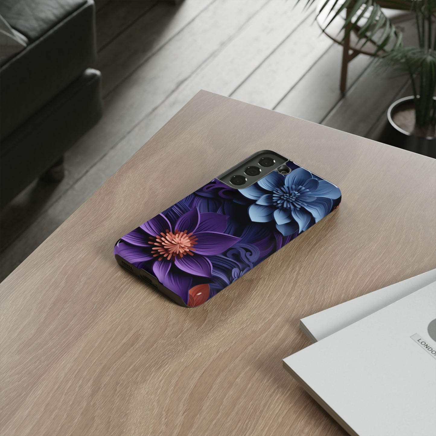 3D Floral Elegance Mobile Case – Midnight Blue & Purple Bloom