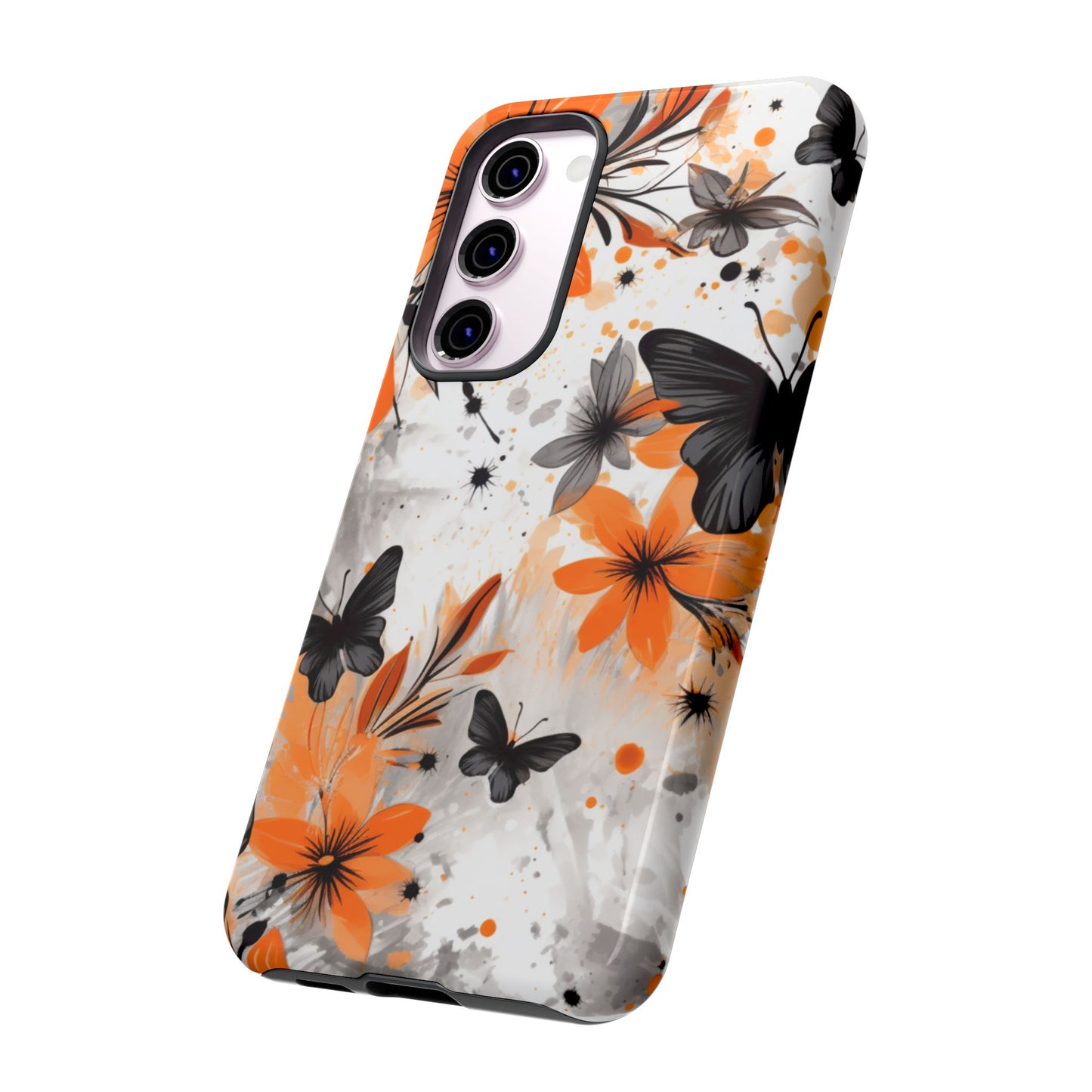 Bold Butterfly & Floral Splash Mobile Cover – Black & Orange Aesthetic