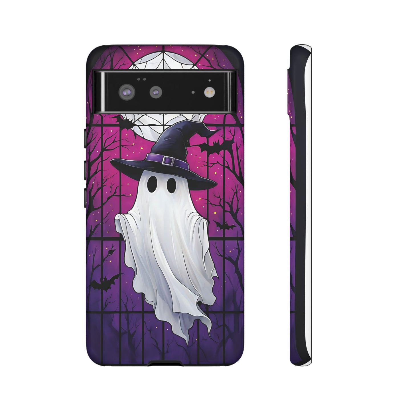 Stylized Halloween Illustration of a Ghost in Stained Glass phone case design.
