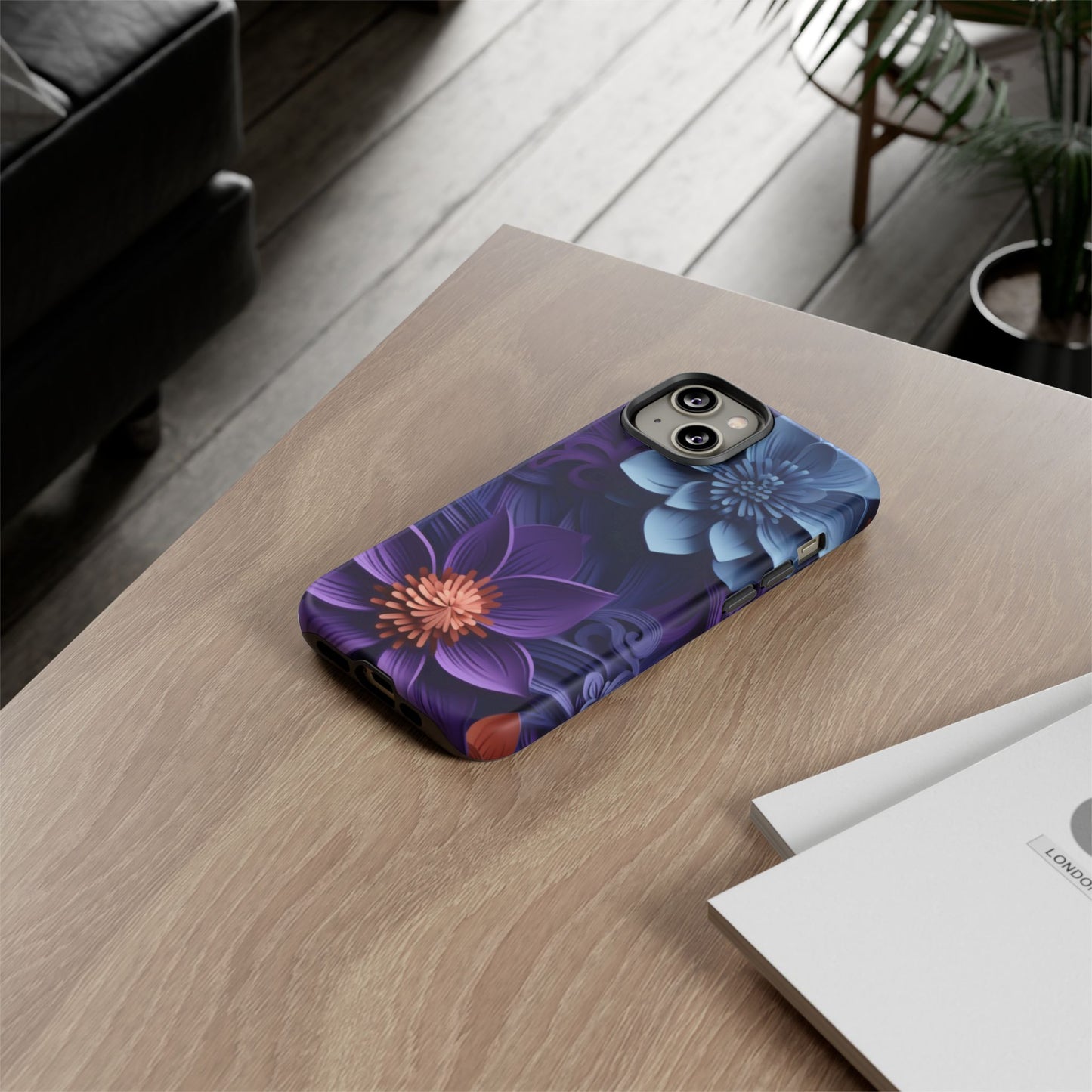 3D Floral Elegance Mobile Case – Midnight Blue & Purple Bloom