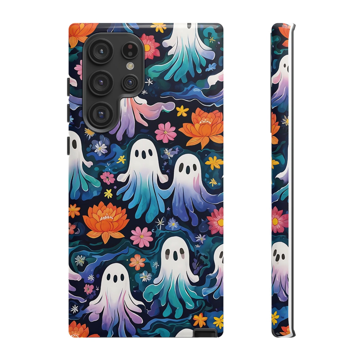 Whimsical Pattern Of Ghosts And Colorful Flowers phone case design.