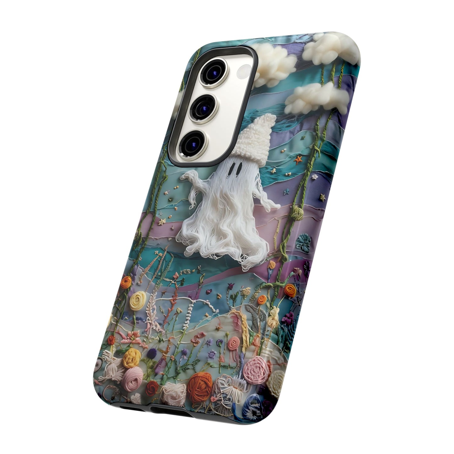 Whimsical Ghost Surrounded By Vibrant Embroidered Flowers phone case design.