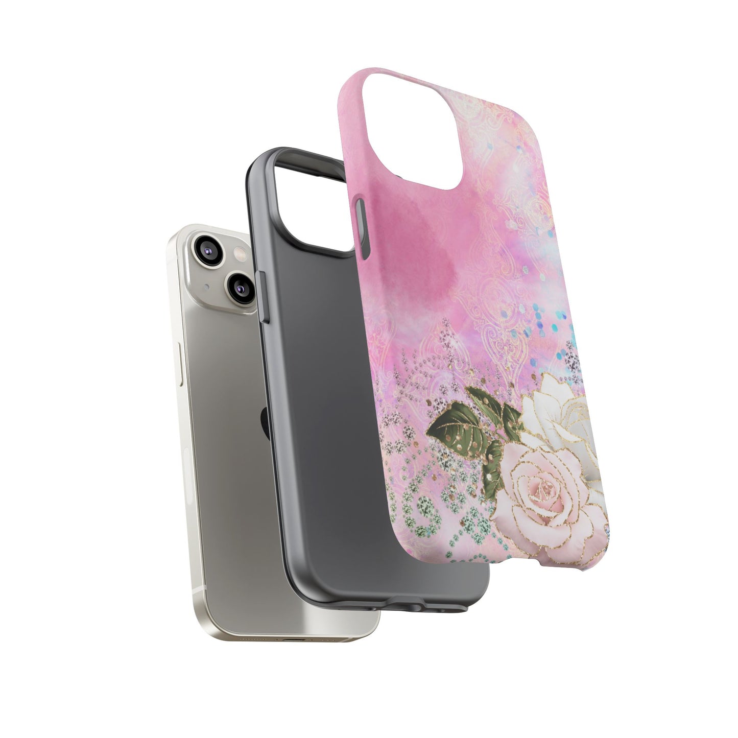 Luxury Pink & White Rose Glitter Mobile Case – Elegant & Shimmering Design